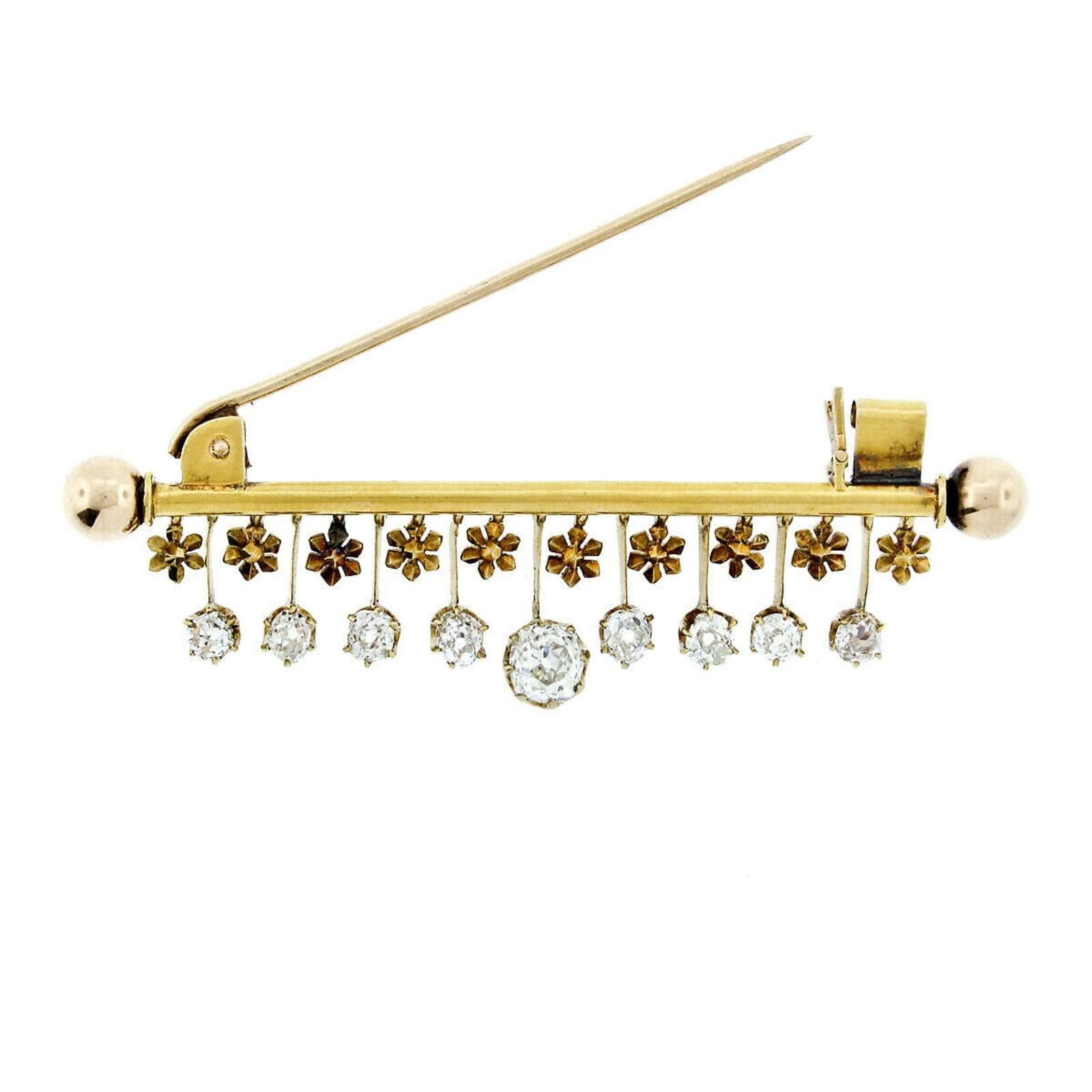 Old Mine Cut Victorian 18 Karat Gold 2.40 Carat Old Mine Diamond Flower Dangle Bar Pin Brooch For Sale