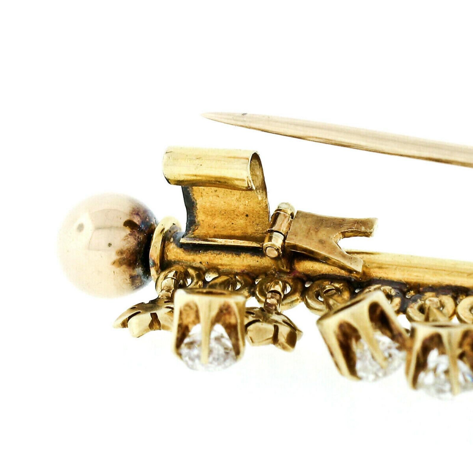 Victorian 18 Karat Gold 2.40 Carat Old Mine Diamond Flower Dangle Bar Pin Brooch For Sale 2