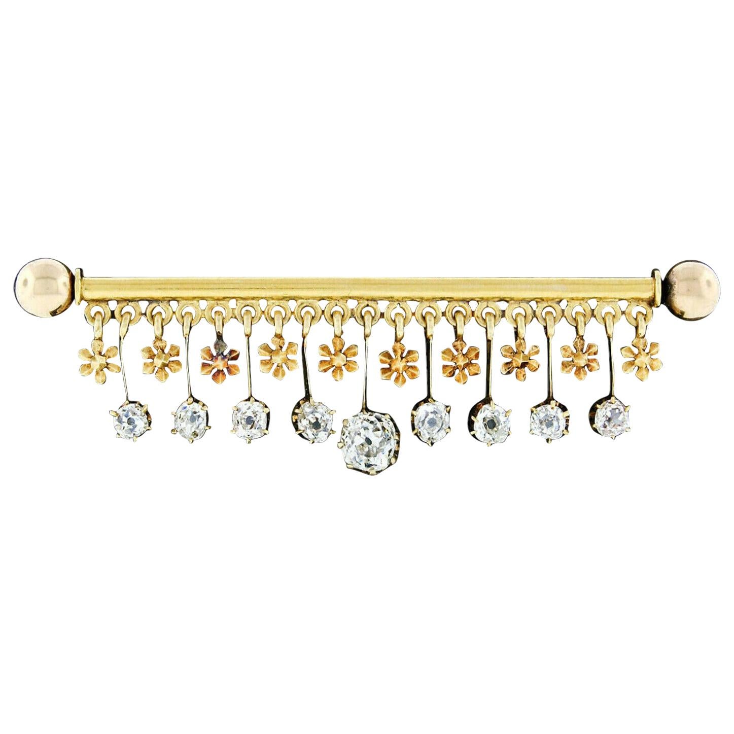 Victorian 18 Karat Gold 2.40 Carat Old Mine Diamond Flower Dangle Bar Pin Brooch For Sale