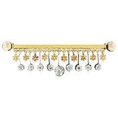 Victorian 18 Karat Gold 2.40 Carat Old Mine Diamond Flower Dangle Bar Pin Brooch