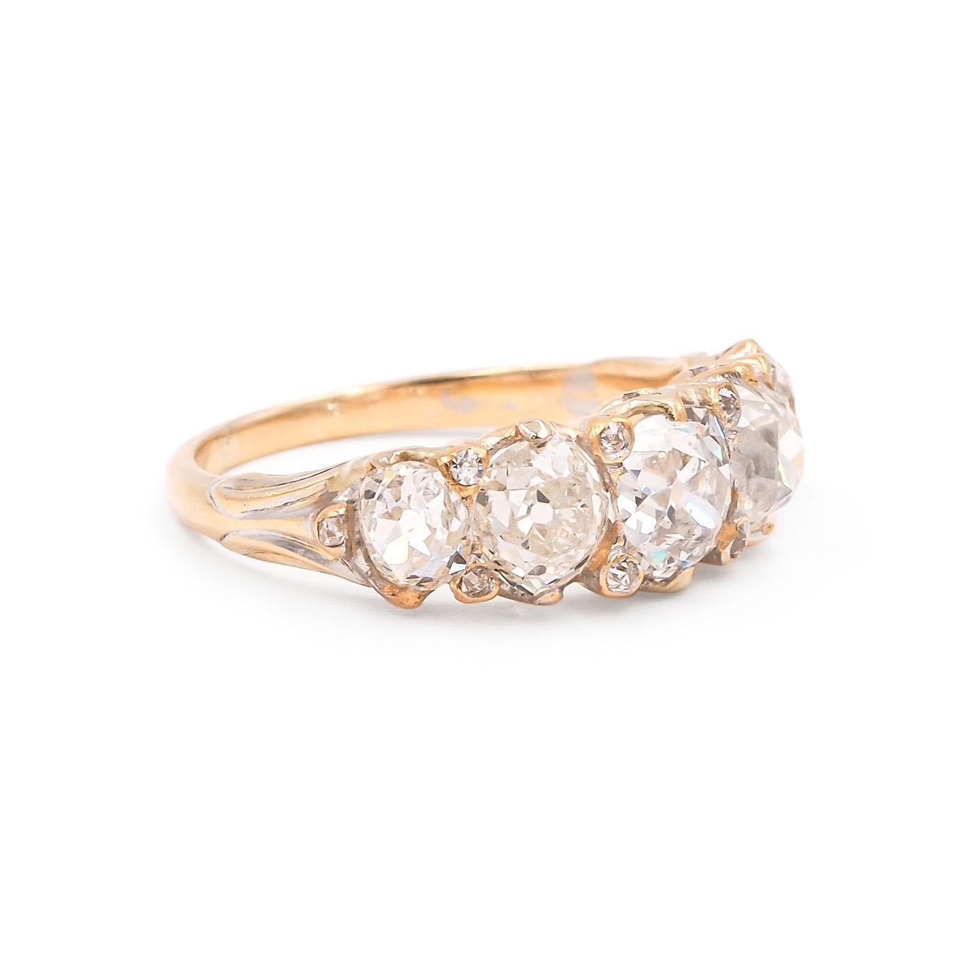 Late Victorian Era 5-Stone Half Hoop Ring composed of 18k yellow gold. With a total Old Mine Cut Diamond weight of 3.39 Carats. Featuring a center 1.00 carat Old Mine Cut diamond, GIA certified J color & SI2 clarity. Flanked by 4 Old Mine Cut