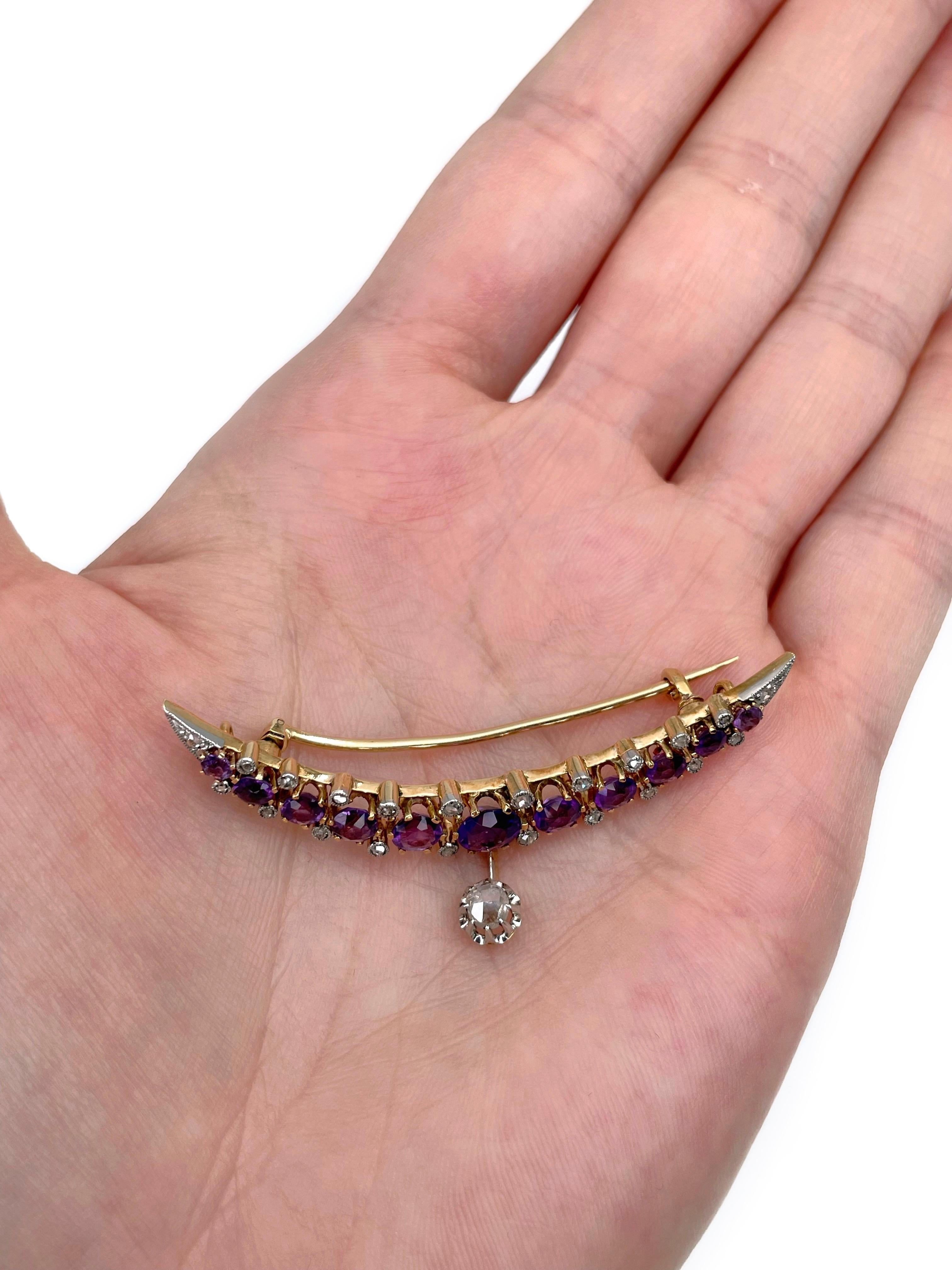 This is a stunning Victorian crescent moon brooch-pendant. It is crafted in 18K gold. The piece features amethysts and rose cut diamonds. Circa 1890. 

Weight: 6.84g
Length: 5.2cm

IMPORTANT: As a buyer, you are fully responsible for the customs