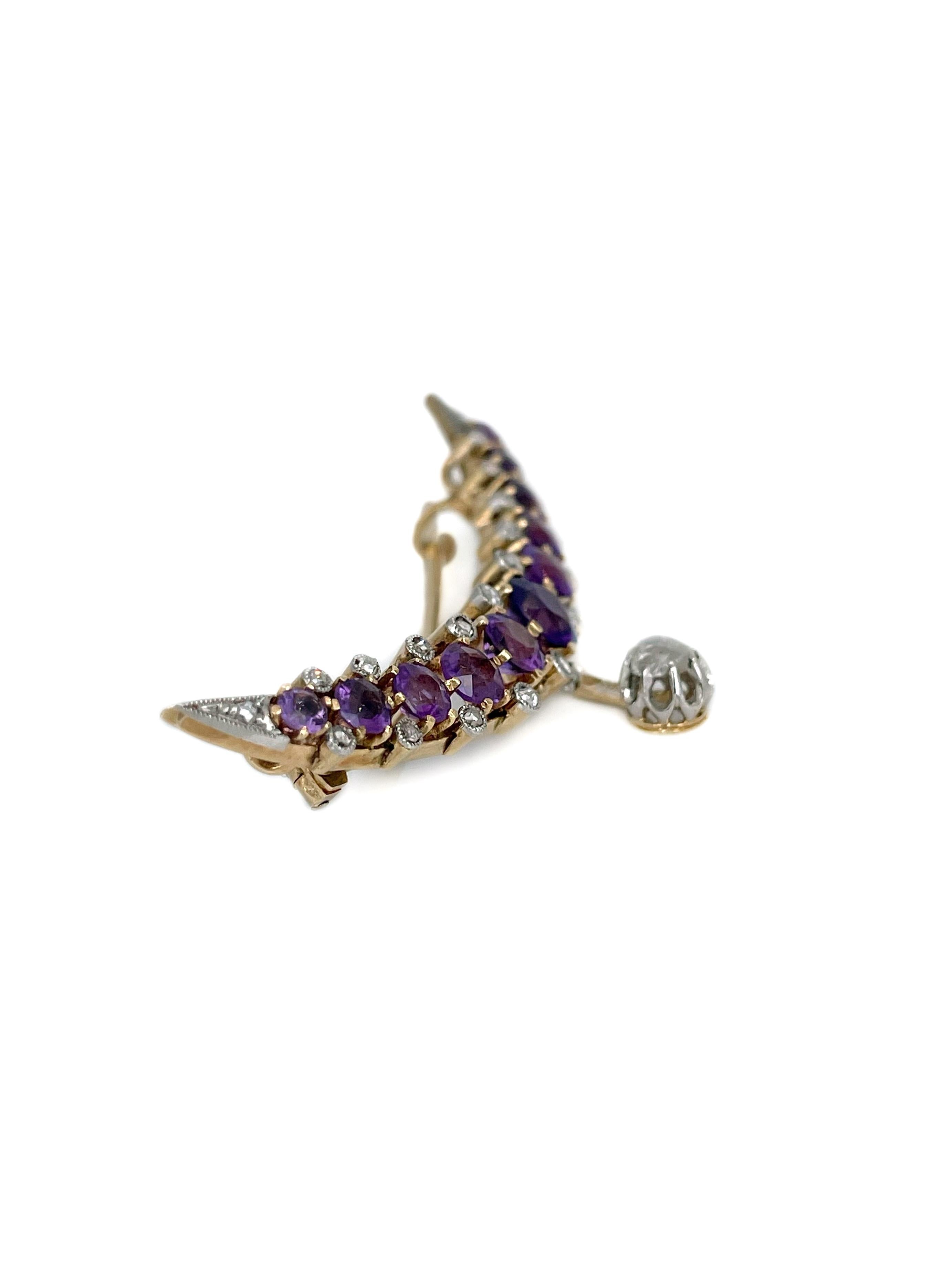 Mixed Cut Victorian 18 Karat Gold Amethyst Rose Cut Diamond Crescent Moon Brooch Pendant For Sale