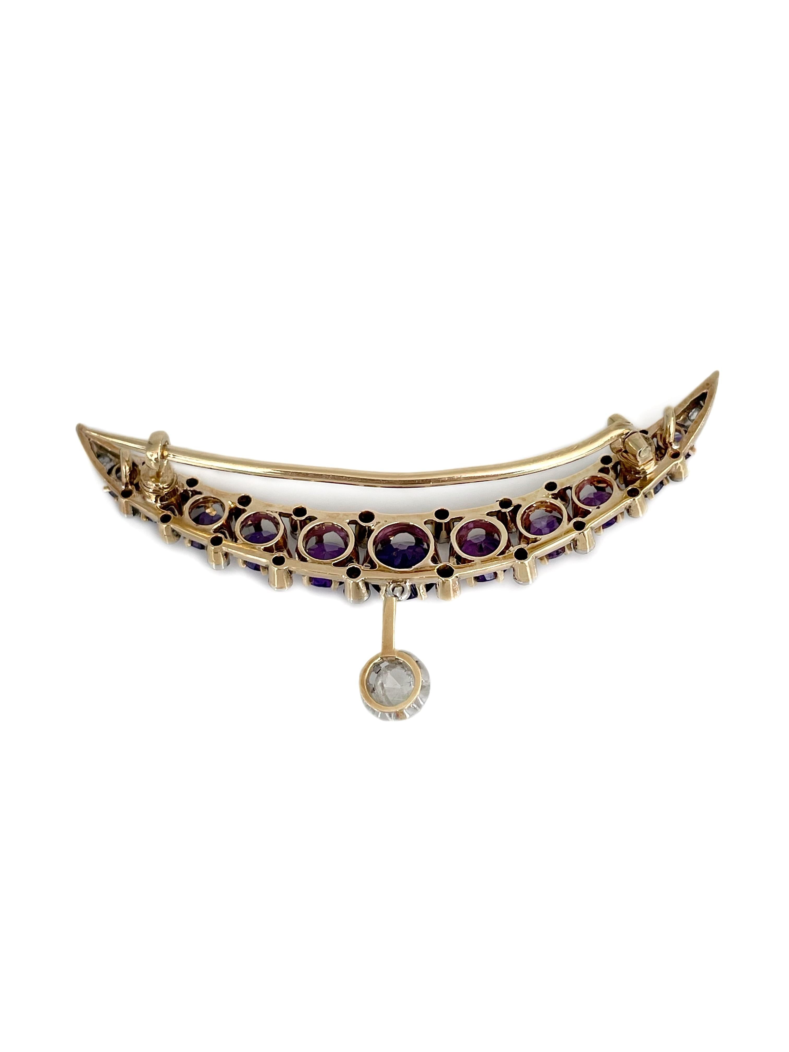 Victorian 18 Karat Gold Amethyst Rose Cut Diamond Crescent Moon Brooch Pendant In Good Condition For Sale In Vilnius, Vilniaus apskr.