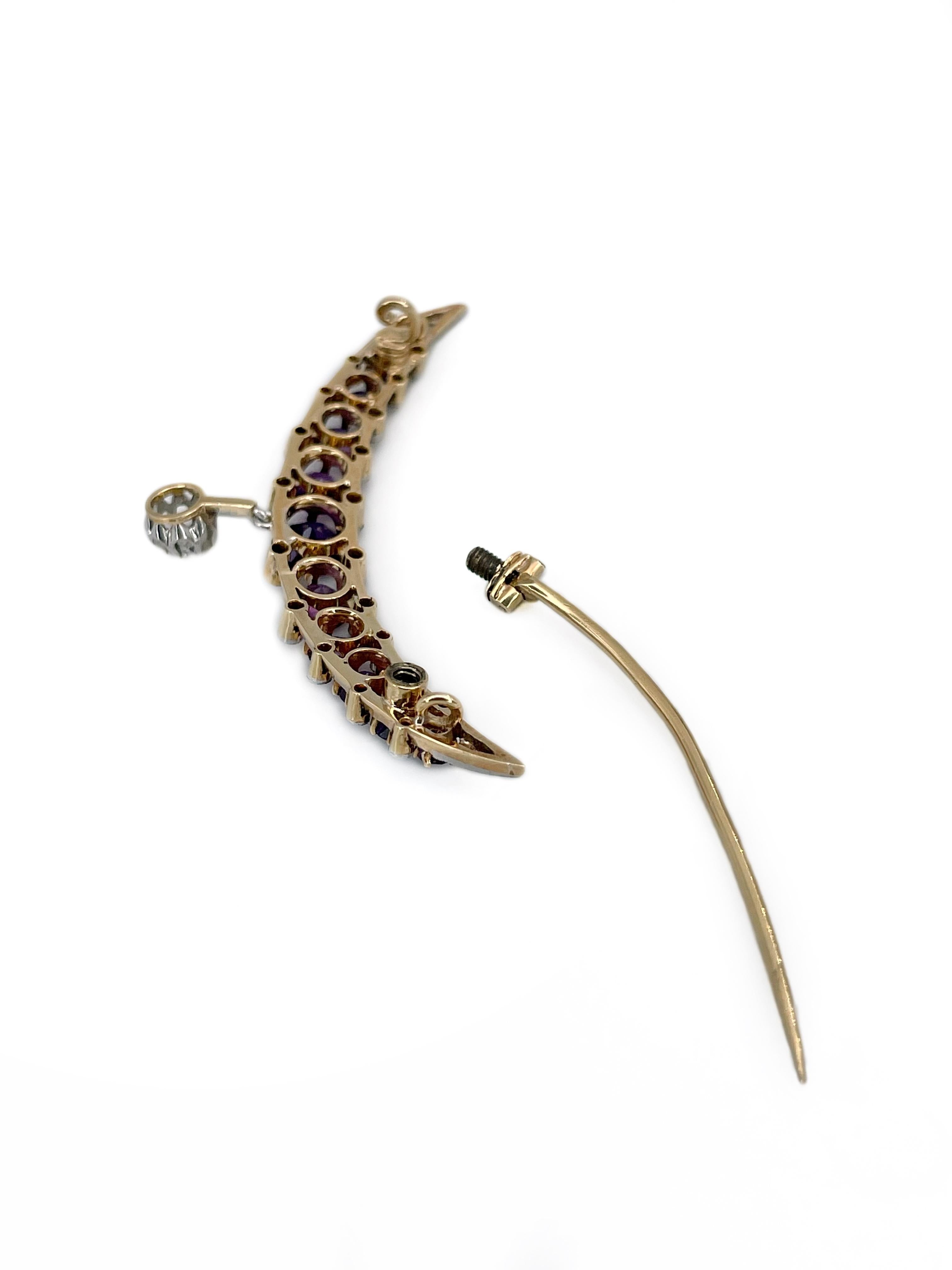 Women's Victorian 18 Karat Gold Amethyst Rose Cut Diamond Crescent Moon Brooch Pendant For Sale