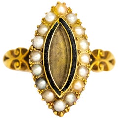 Victorian 18 Karat Gold and Pearl Locket Front Navette Mourning Ring
