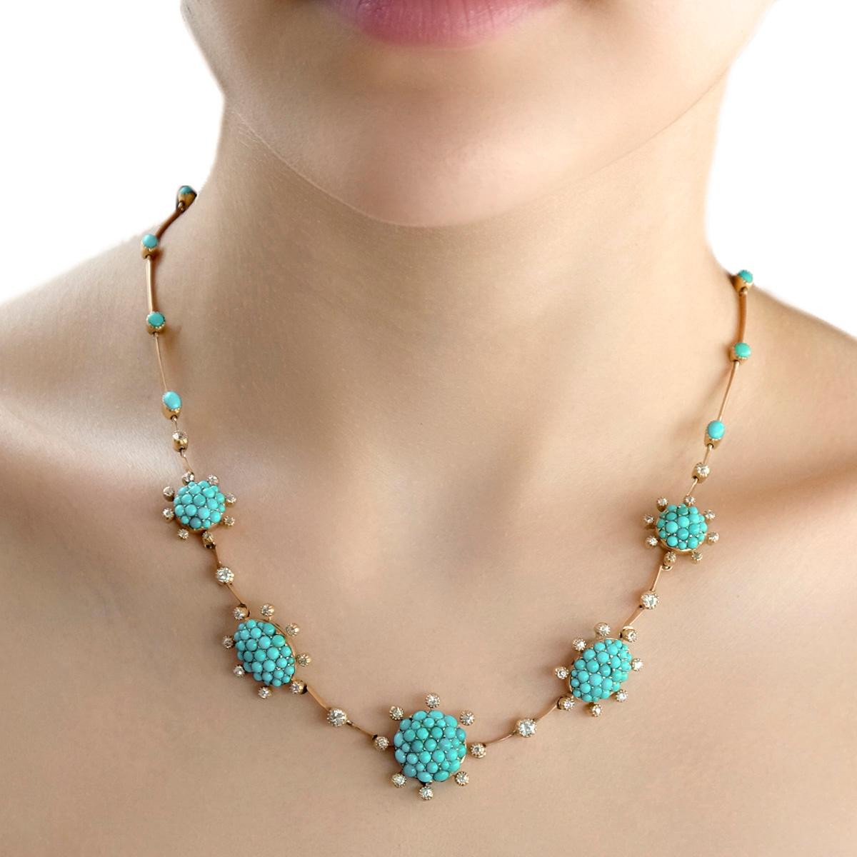 Victorian 18 Karat Gold and Persian Turquoise and 2.2cts Old European Diamond Necklace
Sure one-of-a-kind this amazing pave turquoise and old euro cut diamond necklace is pure bliss. 
17.5 inches length
34 grams overall weight
