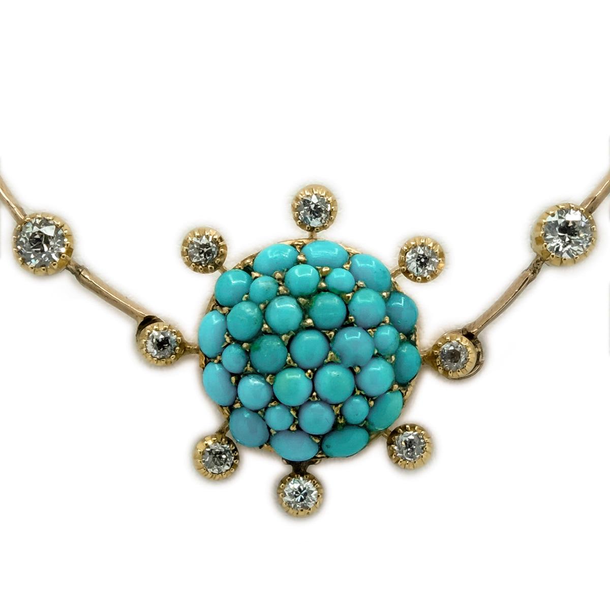 High Victorian Victorian 18 Karat Gold and Persian Turquoise and Old European Diamond Necklace