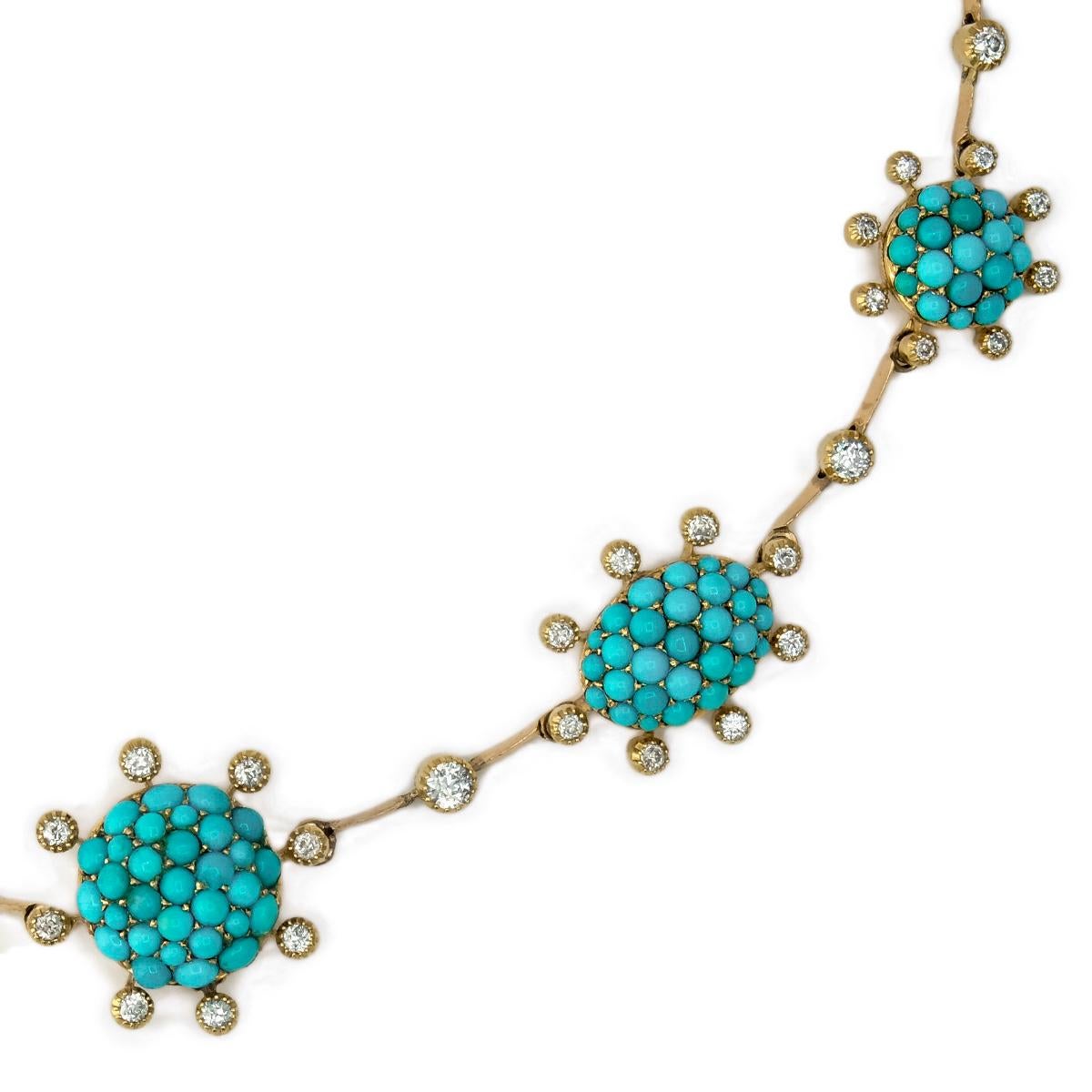 Old European Cut Victorian 18 Karat Gold and Persian Turquoise and Old European Diamond Necklace