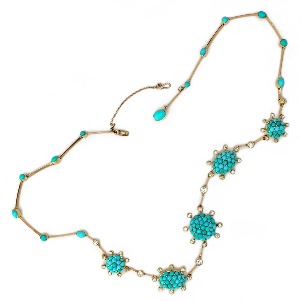 Women's or Men's Victorian 18 Karat Gold and Persian Turquoise and Old European Diamond Necklace