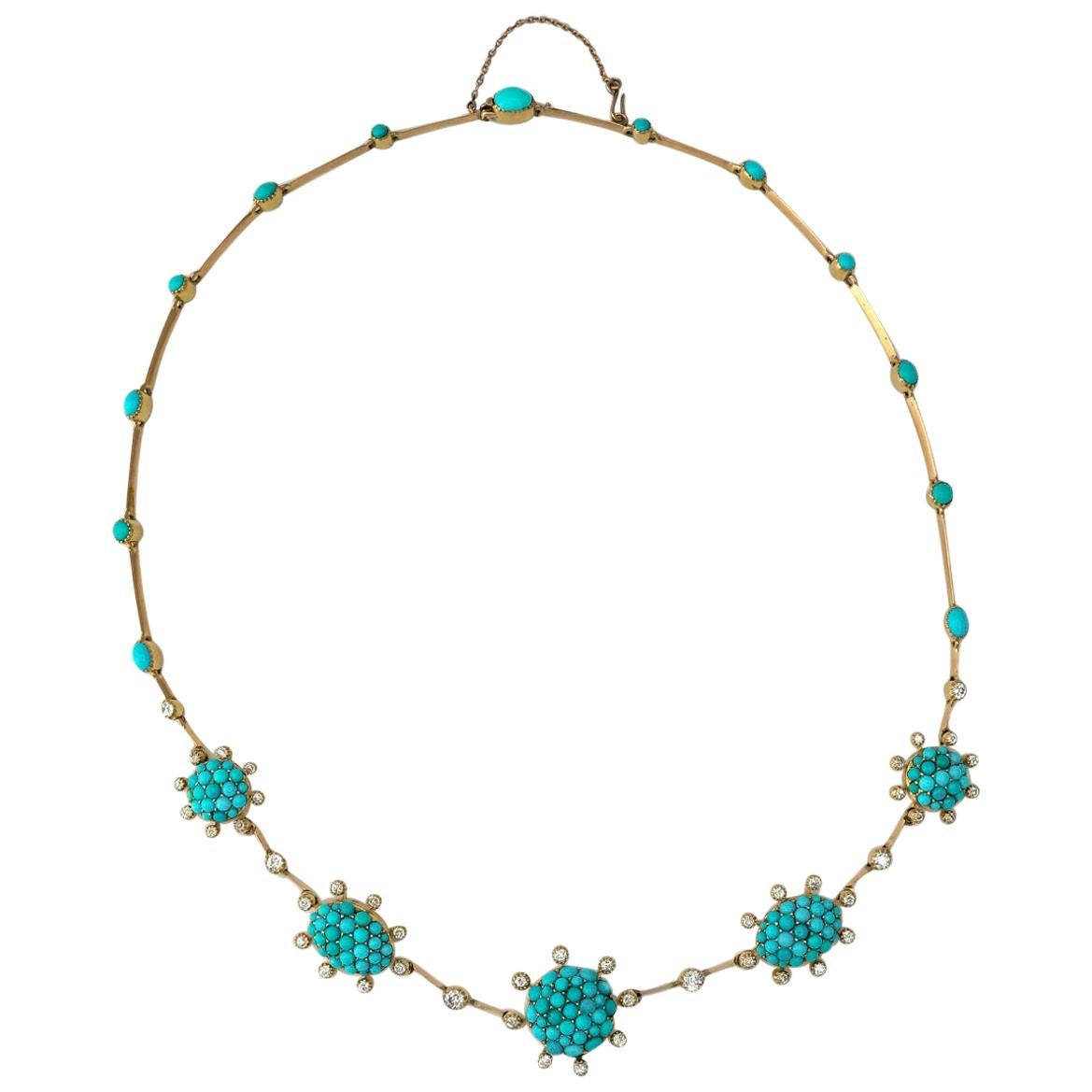 Victorian 18 Karat Gold and Persian Turquoise and Old European Diamond Necklace