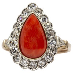 Victorian 18 Karat Gold and Platinum Diamonds and Coral Ring