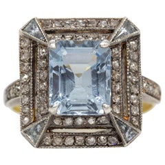 Antique Victorian 18 Karat Gold and Silver Aquamarine and Diamond Ring