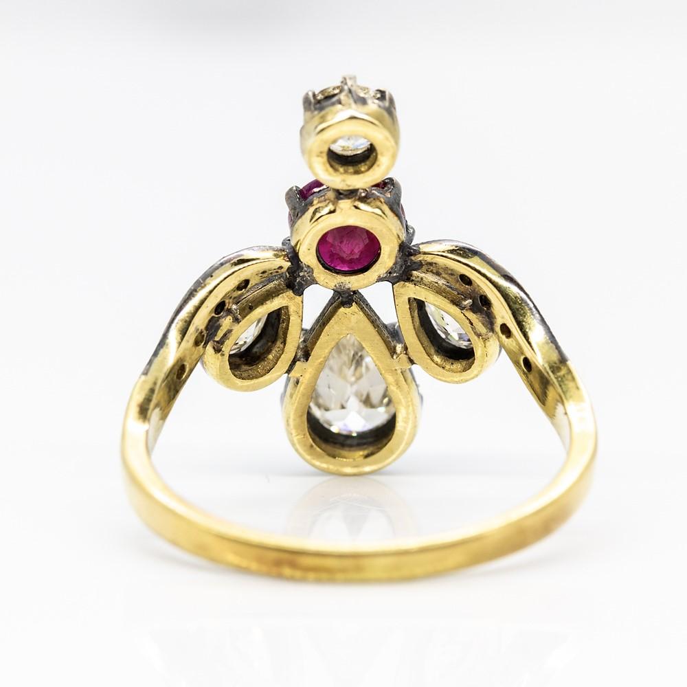 Old Mine Cut Victorian 18 Karat Gold and Silver Diamonds and Ruby Ring