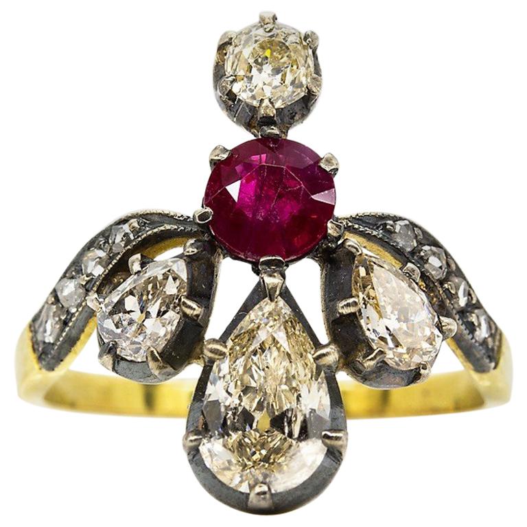 Victorian 18 Karat Gold and Silver Diamonds and Ruby Ring