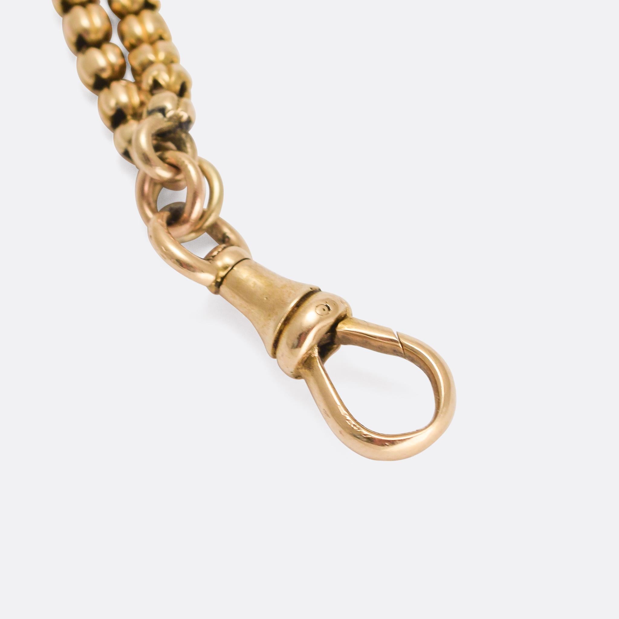Victorian 18 Karat Gold Ball Link Long Guard Chain In Excellent Condition In Sale, Cheshire