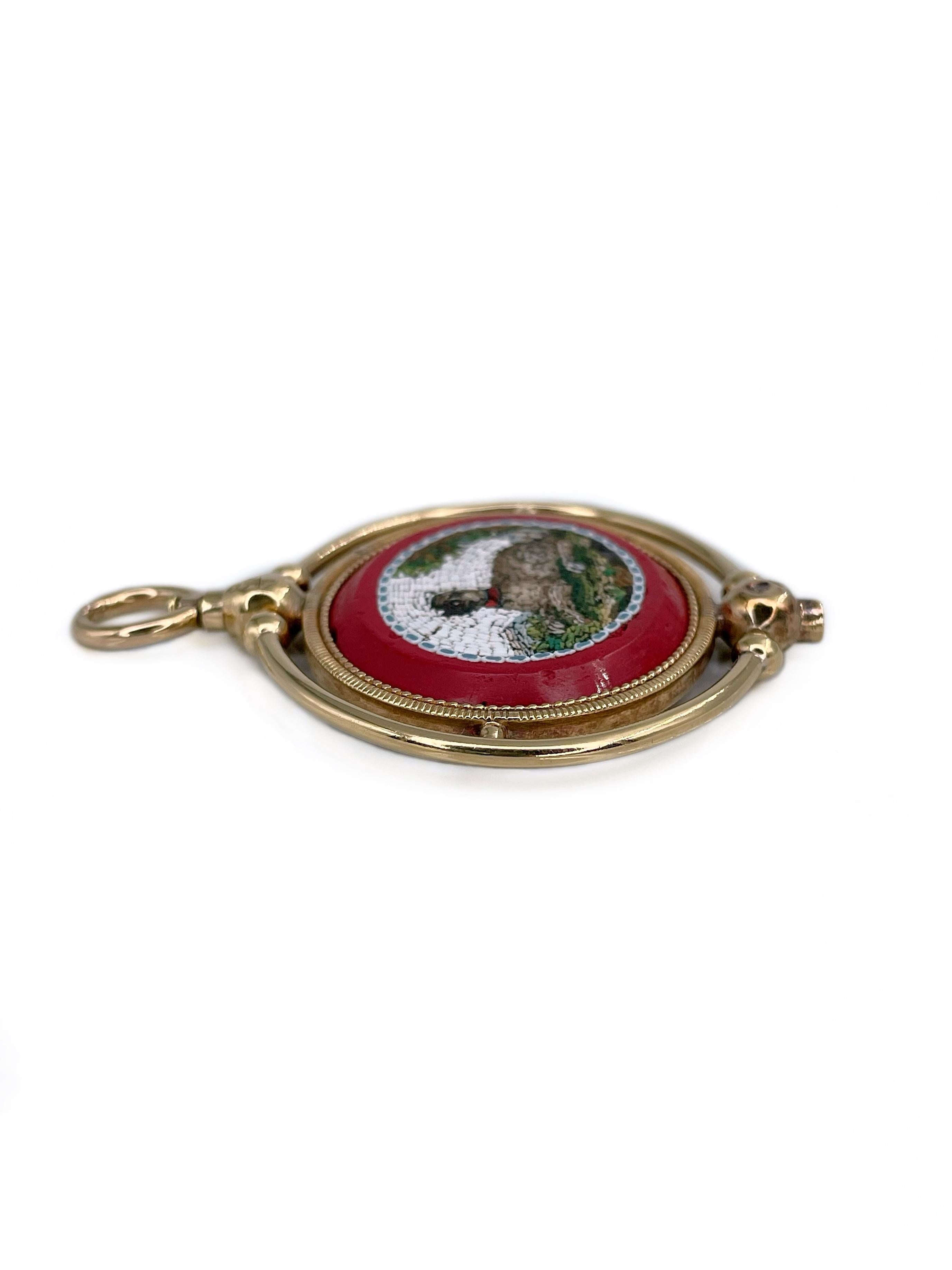 Women's or Men's Victorian 18 Karat Gold Bird Dog Micro Mosaic Watch Key Fob Pendant
