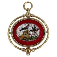 Victorian 18 Karat Gold Bird Dog Micro Mosaic Watch Key Fob Pendant