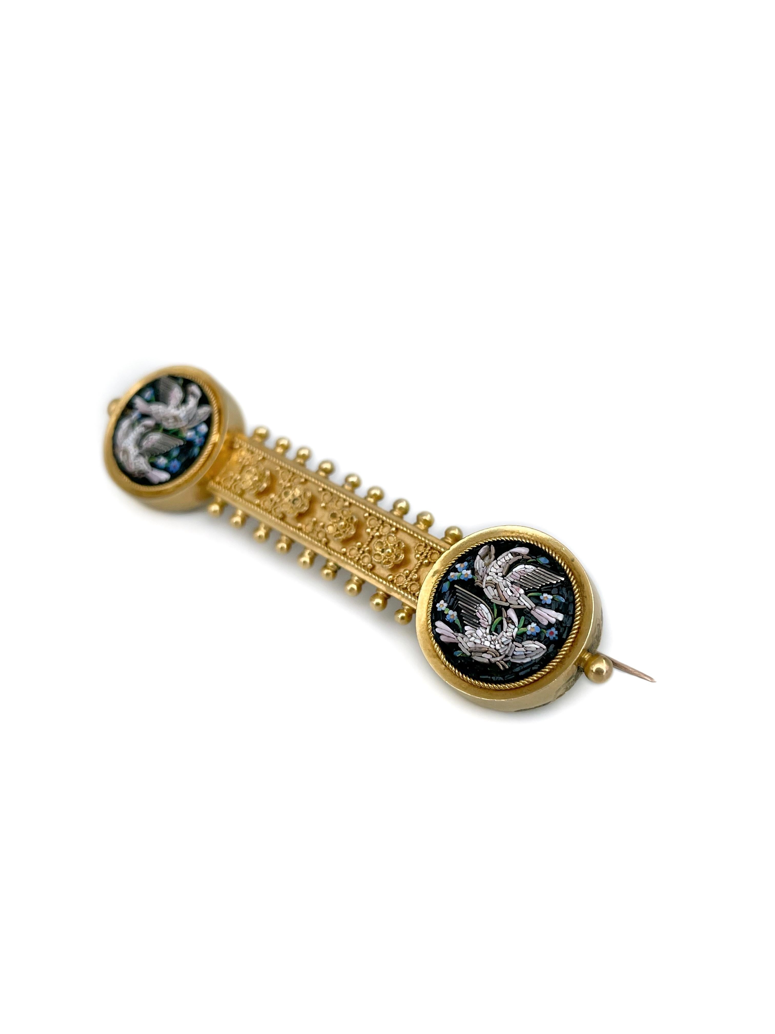 Victorian 18 Karat Gold Bird Flower Micro Mosaic Bar Brooch In Good Condition For Sale In Vilnius, Vilniaus apskr.