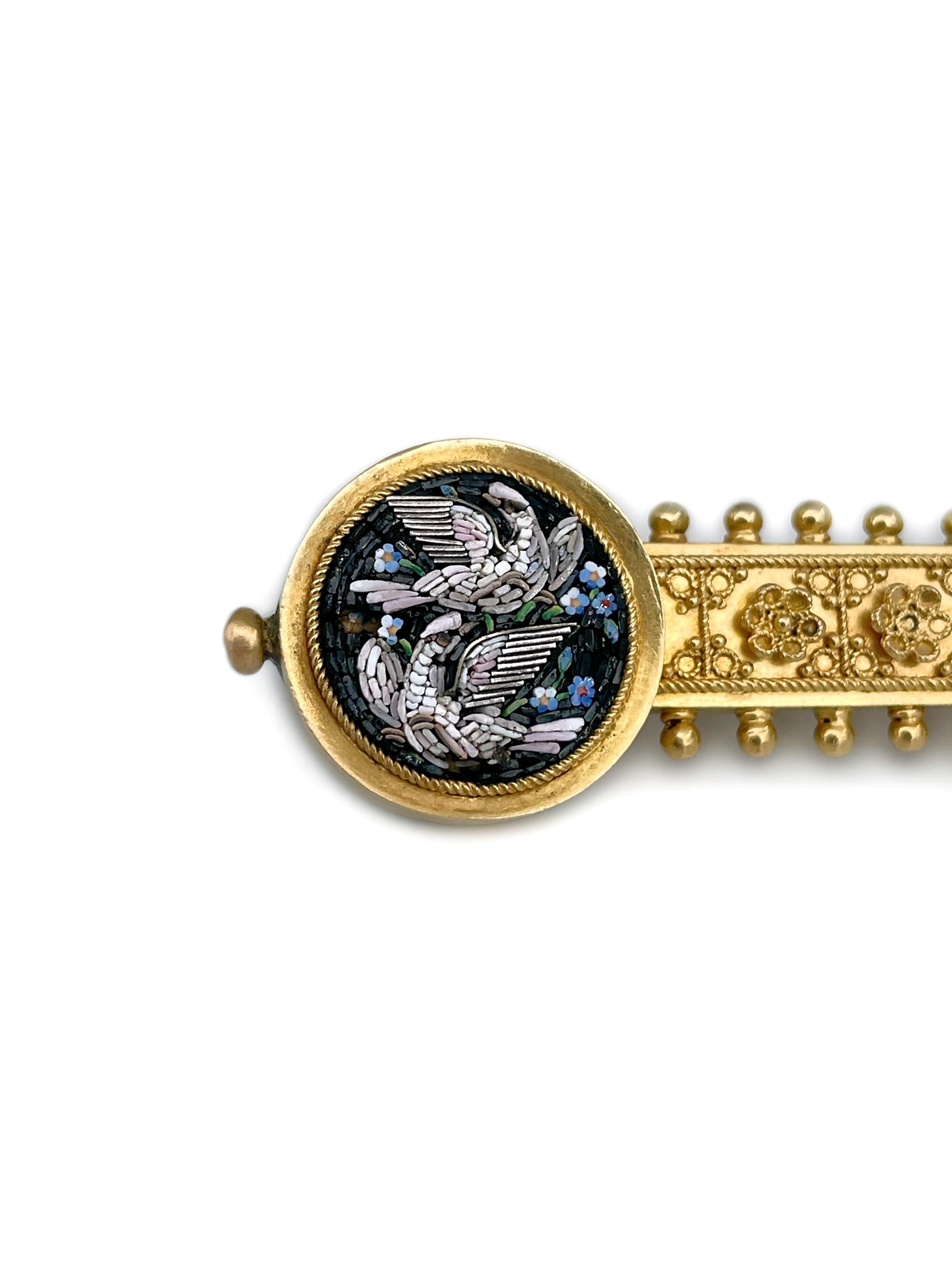 Women's or Men's Victorian 18 Karat Gold Bird Flower Micro Mosaic Bar Brooch For Sale