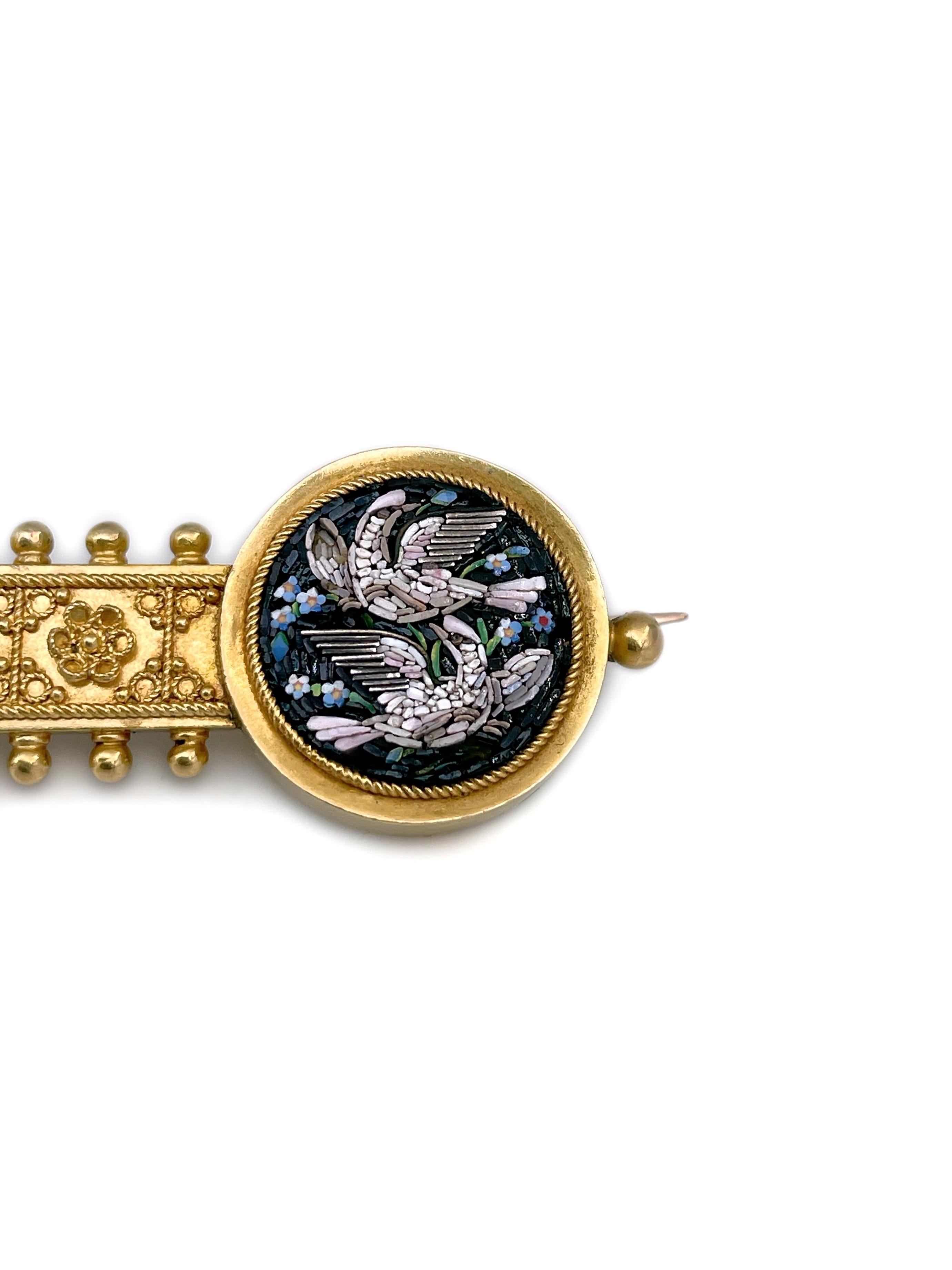 Victorian 18 Karat Gold Bird Flower Micro Mosaic Bar Brooch For Sale 1