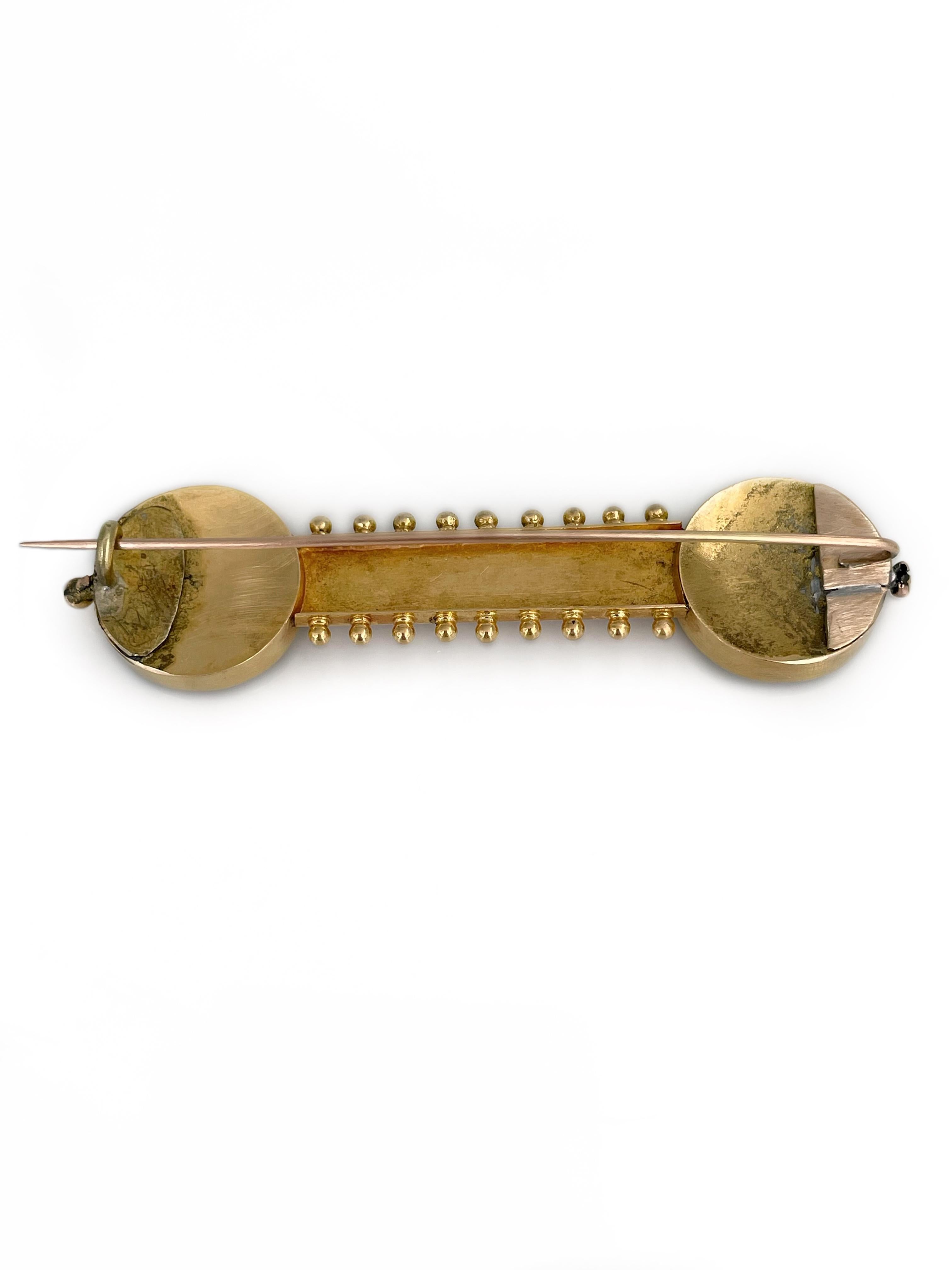 Victorian 18 Karat Gold Bird Flower Micro Mosaic Bar Brooch For Sale 2