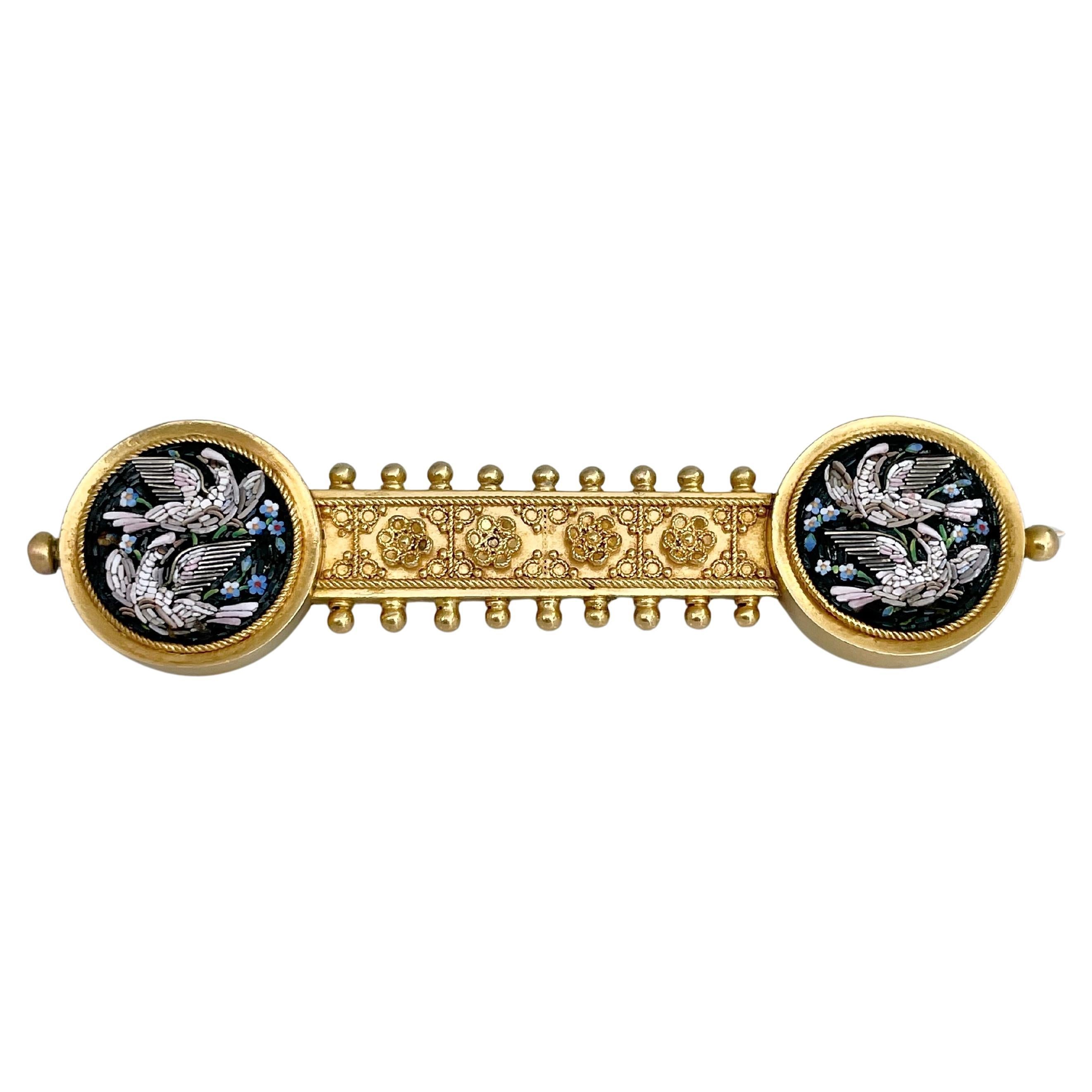 Victorian 18 Karat Gold Bird Flower Micro Mosaic Bar Brooch
