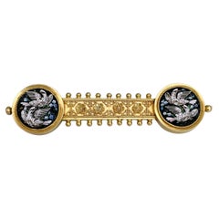 Victorian 18 Karat Gold Bird Flower Micro Mosaic Bar Brooch