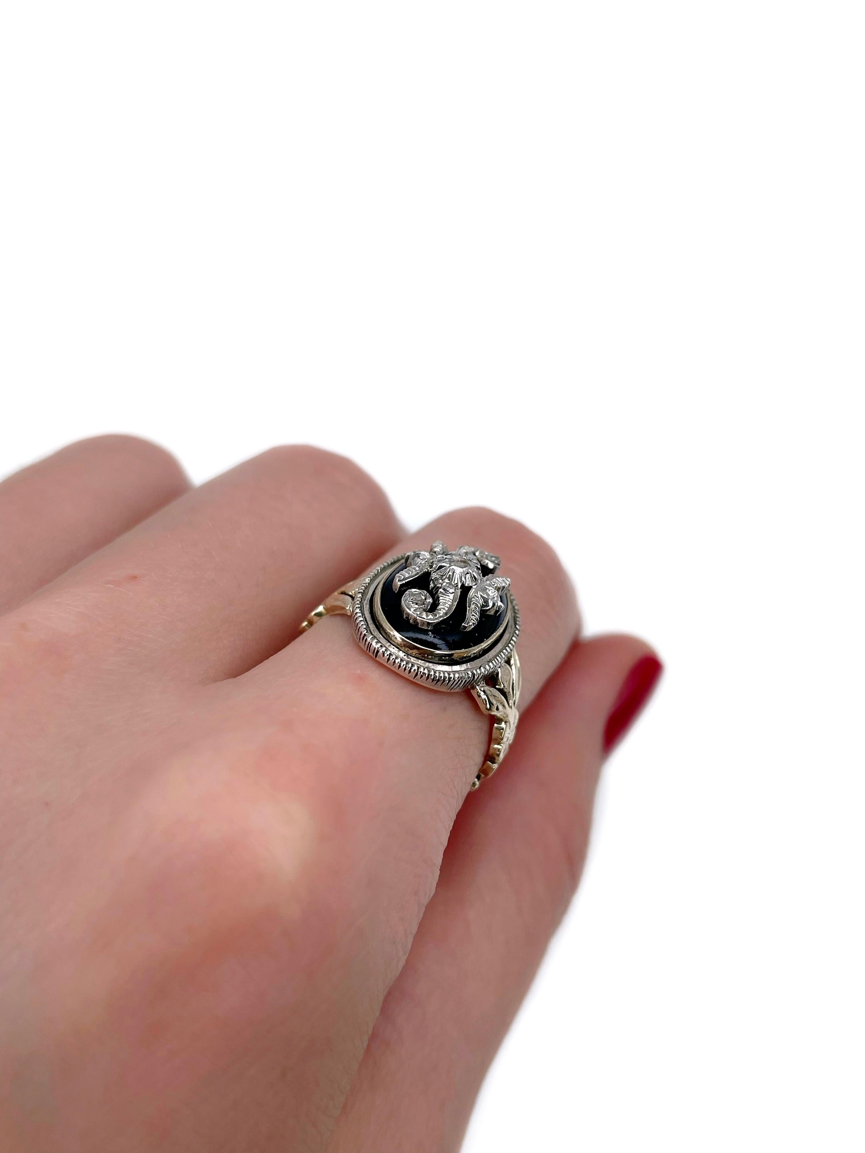 Anillo de cóctel victoriano de oro de 14 quilates con esmalte azul y diamantes talla rosa y motivo floral Victoriano