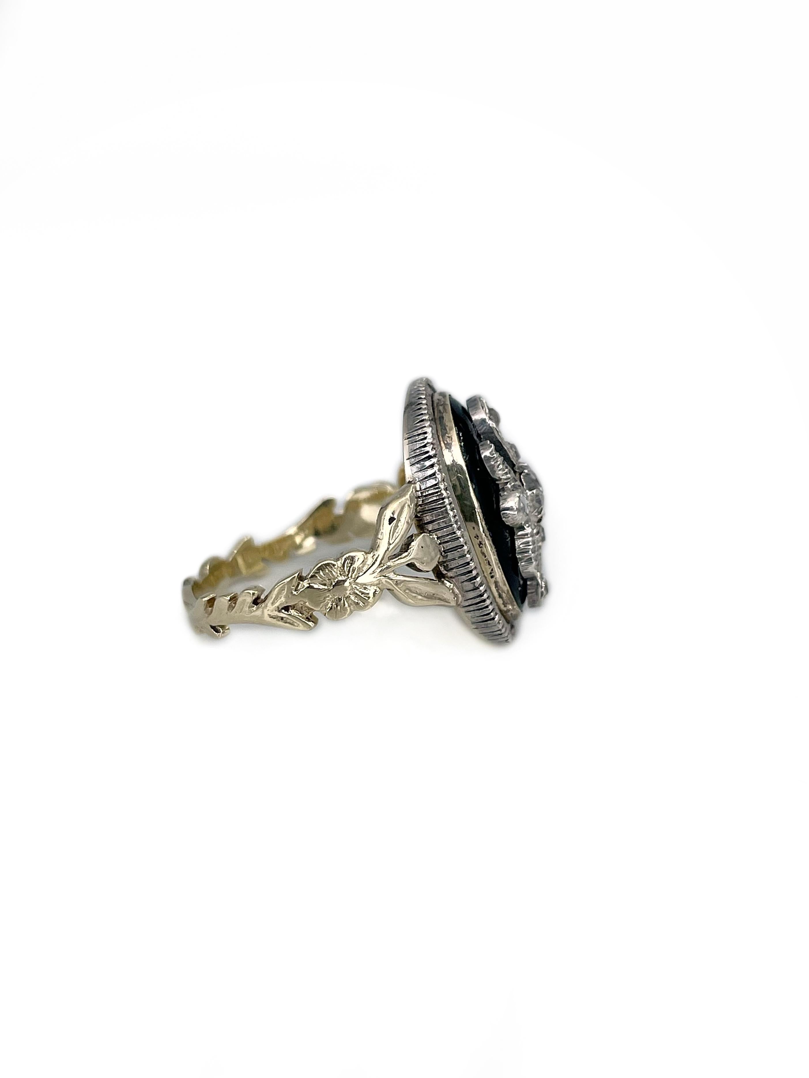 Anillo de cóctel victoriano de oro de 14 quilates con esmalte azul y diamantes talla rosa y motivo floral Corte rosa