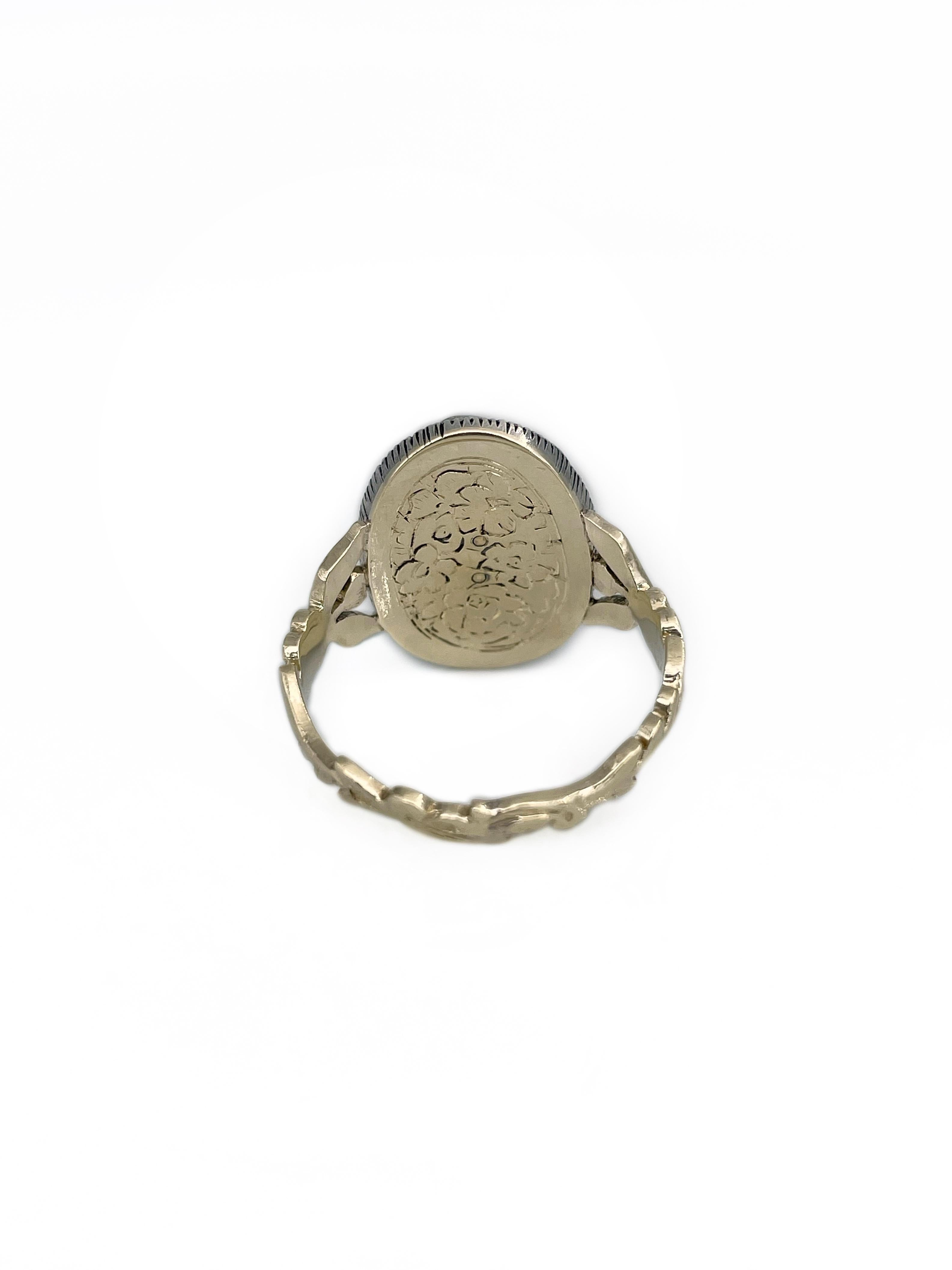 Anillo de cóctel victoriano de oro de 14 quilates con esmalte azul y diamantes talla rosa y motivo floral en Bueno Estado en Vilnius, Vilniaus apskr.