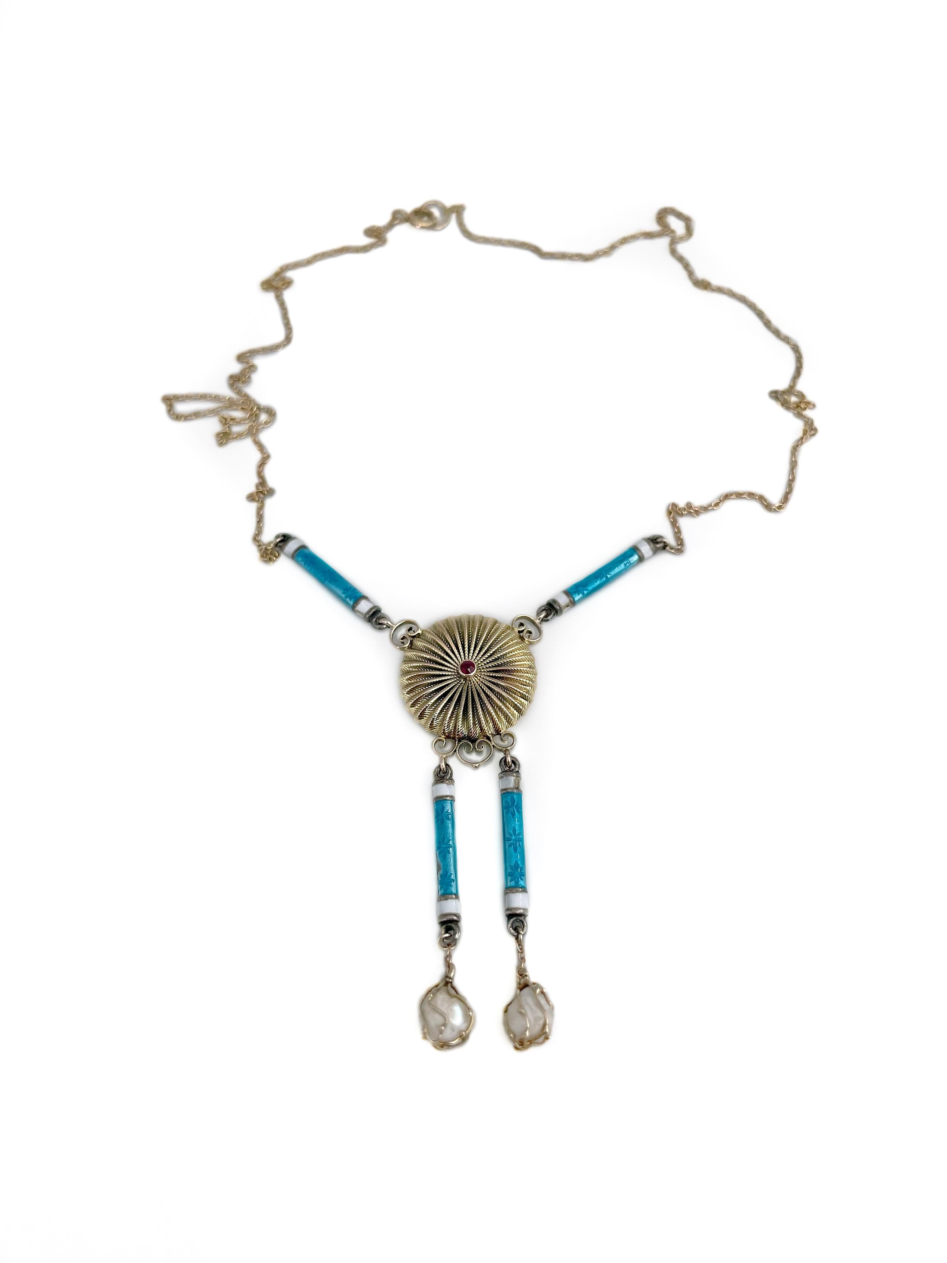 Vittoriano Collana vittoriana in oro 18 carati con perla blu e rubino a goccia in vendita