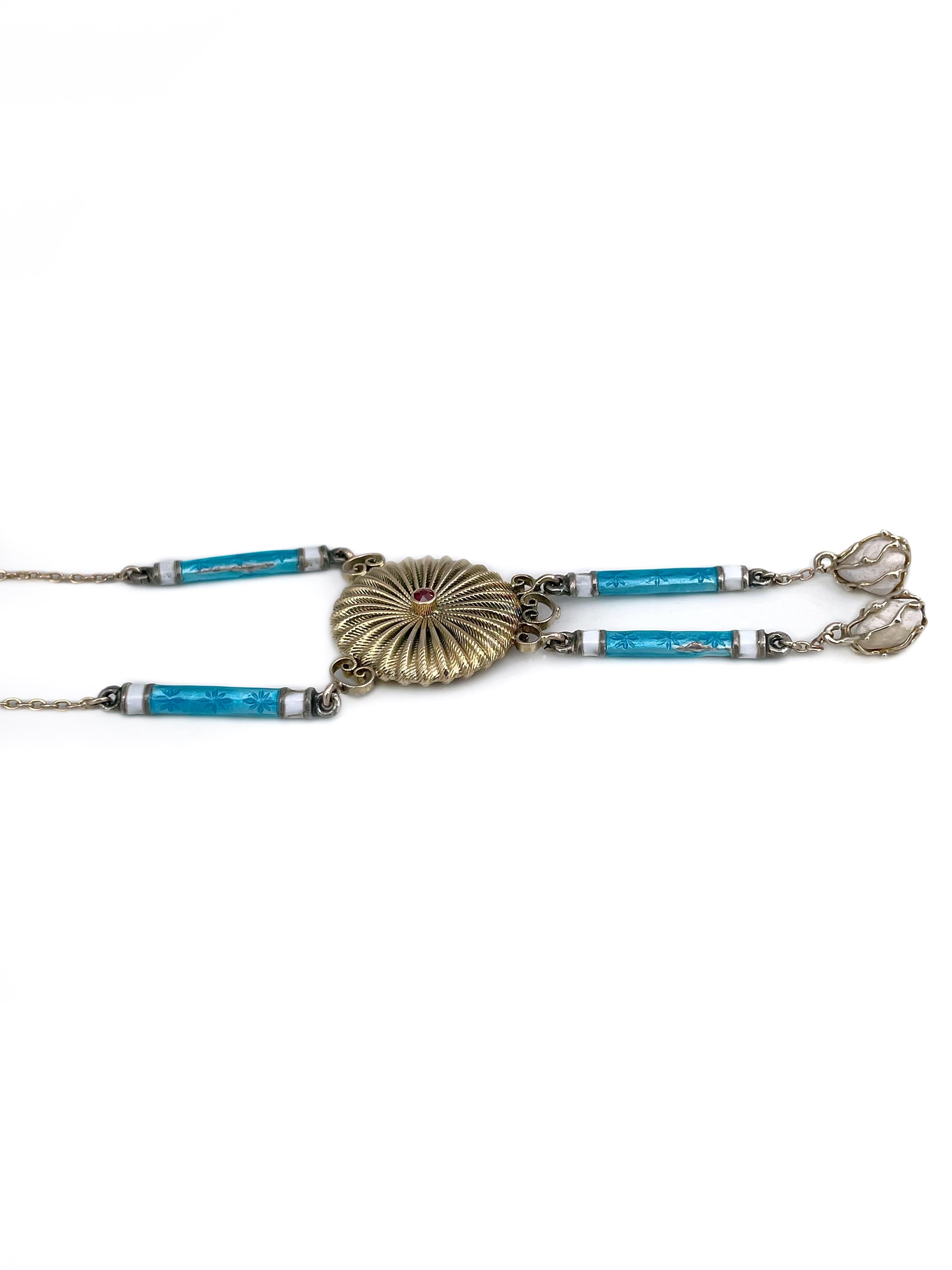 Taglio misto Collana vittoriana in oro 18 carati con perla blu e rubino a goccia in vendita