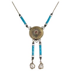 Victorian 18 Karat Gold Blue Enamel Pearl Ruby Drop Collier Necklace