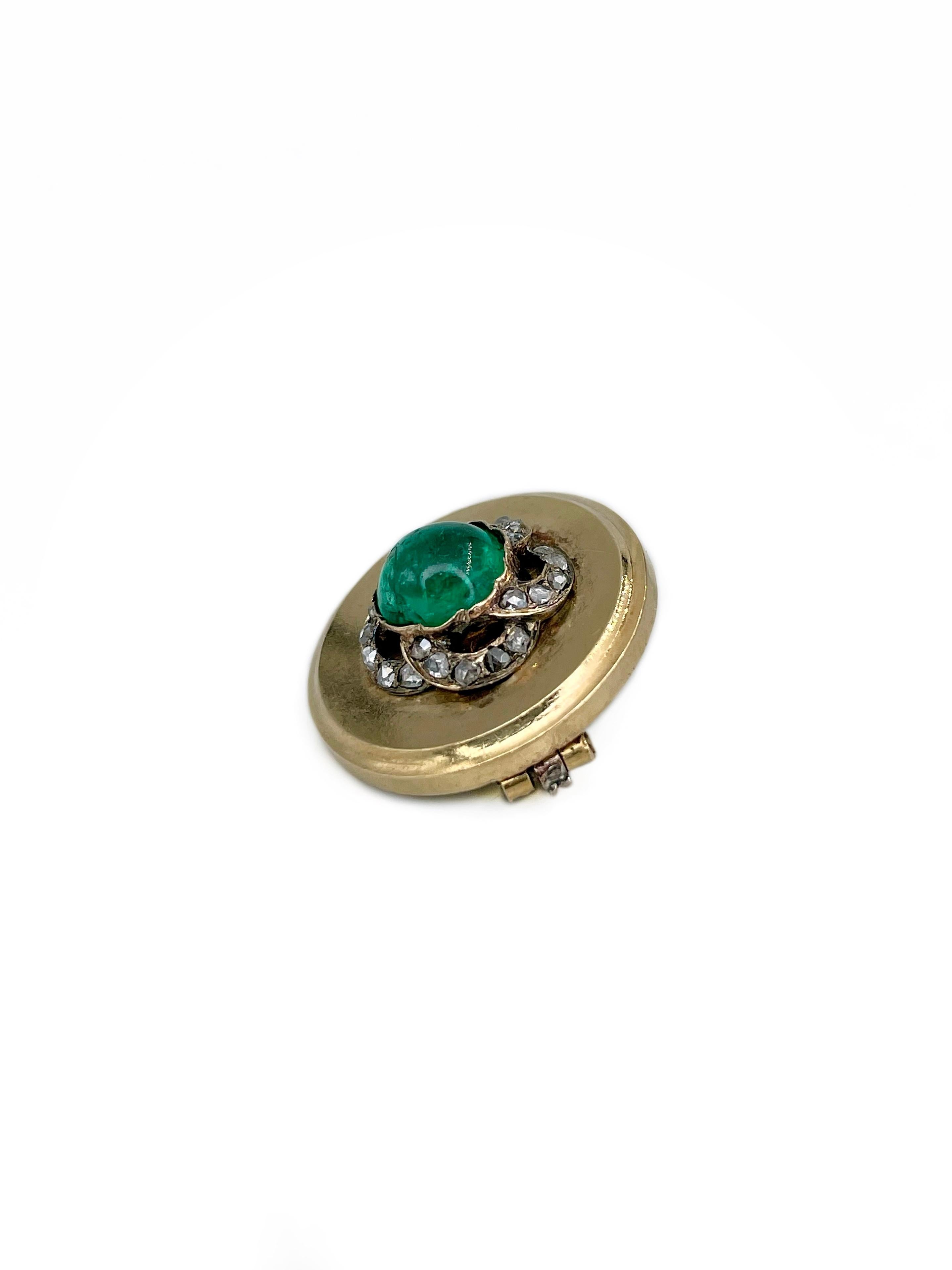Mixed Cut Victorian 18 Karat Gold Cabochon Cut Emerald Rose Cut Diamond Round Pin Brooch