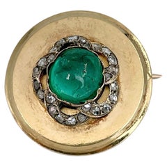 Antique Victorian 18 Karat Gold Cabochon Cut Emerald Rose Cut Diamond Round Pin Brooch