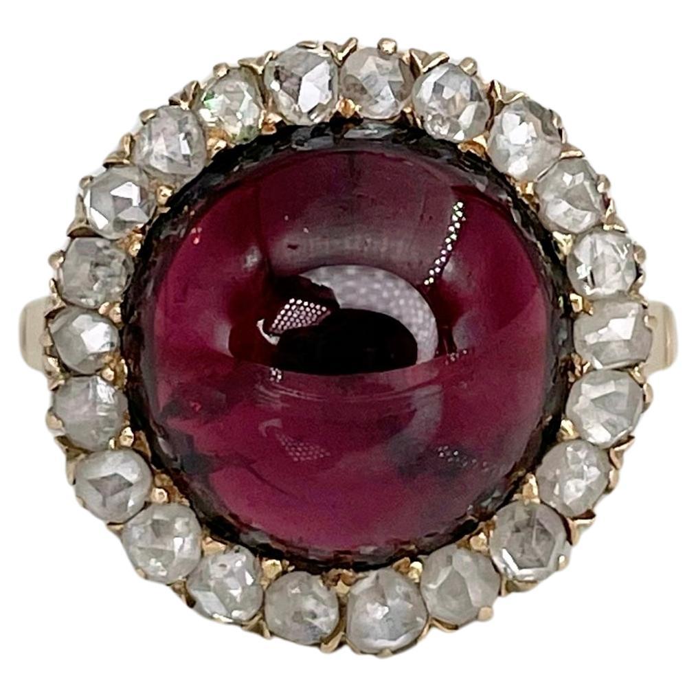 Victorian 18 Karat Gold Cabochon Cut Garnet Rose Cut Diamond Round Cluster Ring