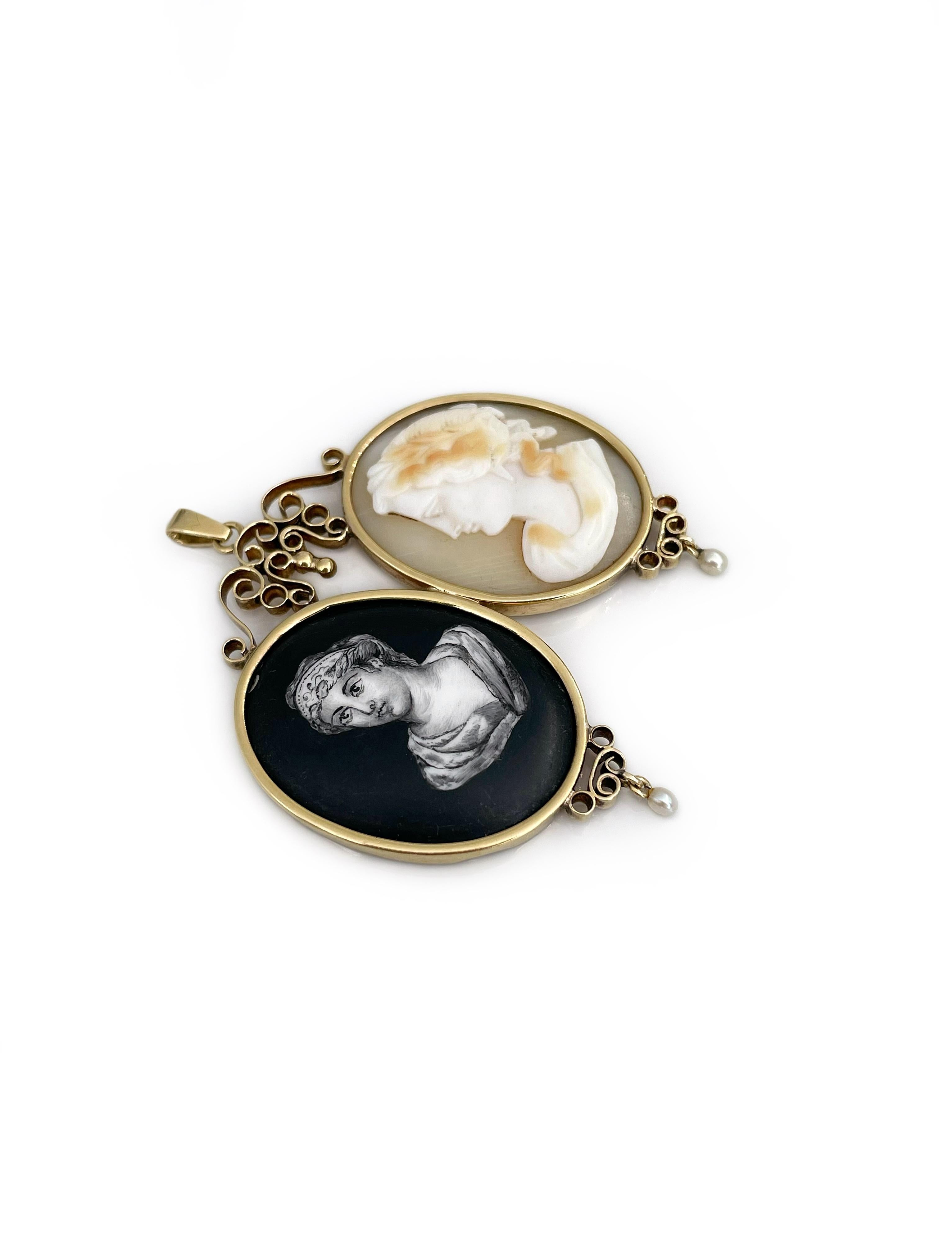 This is an exceptional antique double portrait pendant necklace crafted in 18K gold. It features two portraits of ladies. One is made of carved shell using cameo technique. Another is painted in black enamel applied on porcelain. Both portraits are