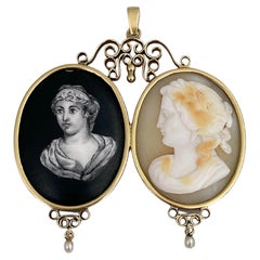 Collier pendentif victorien en or 18 carats et porcelaine camée représentant deux portraits