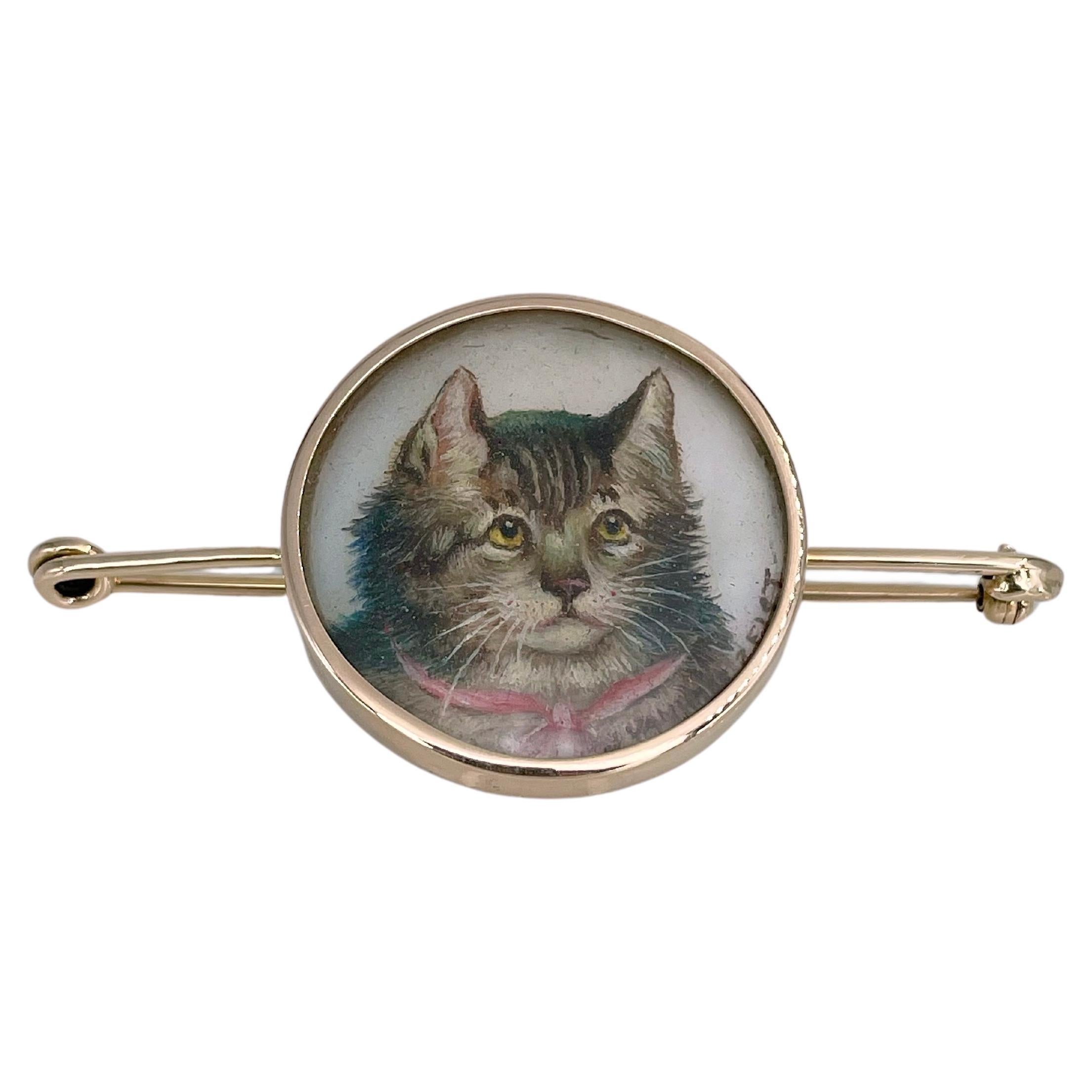 Victorian 18 Karat Gold Cat Miniature Portrait Signed Pin Brooch For Sale