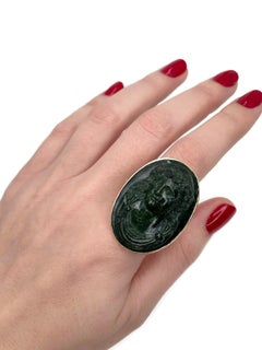 Victorian 18 Karat Gold Chalcedony Portrait Cameo Oval Massive Cocktail Ring