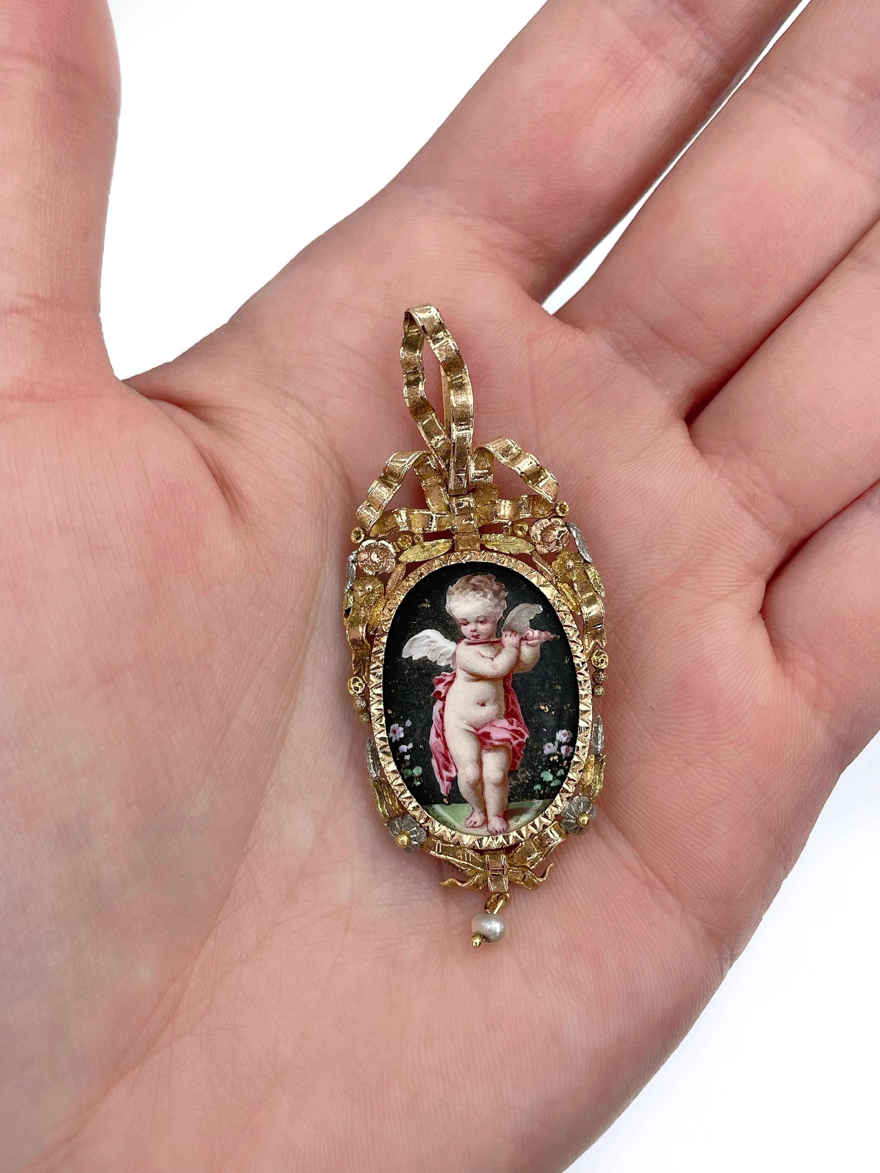 Round Cut Victorian 18 Karat Gold Cherub Flute Miniature Portrait Enamel Locket Pendant