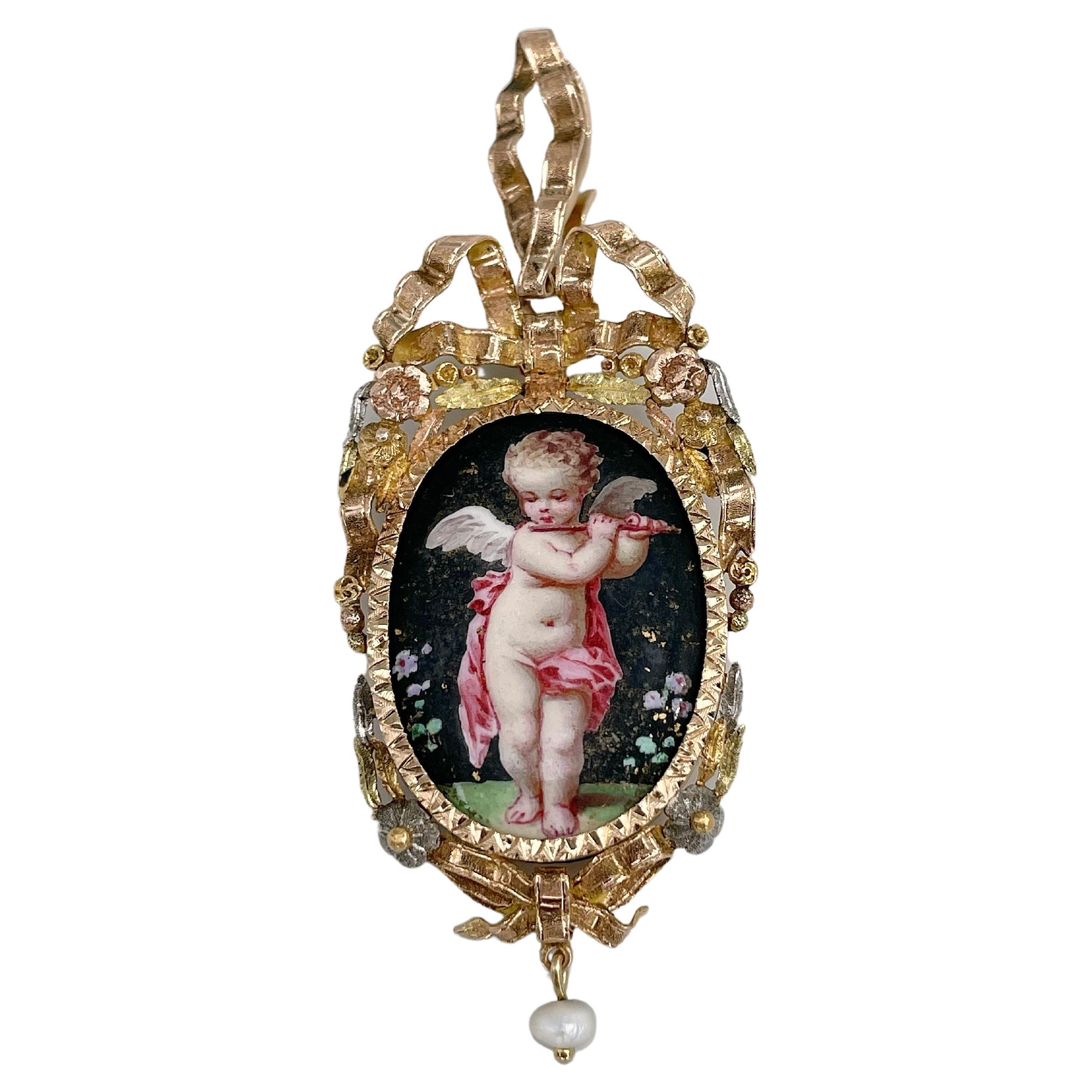 Victorian 18 Karat Gold Cherub Flute Miniature Portrait Enamel Locket Pendant