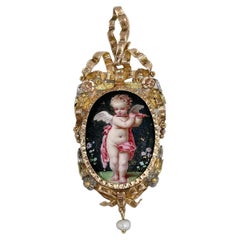 Antique Victorian 18 Karat Gold Cherub Flute Miniature Portrait Enamel Locket Pendant
