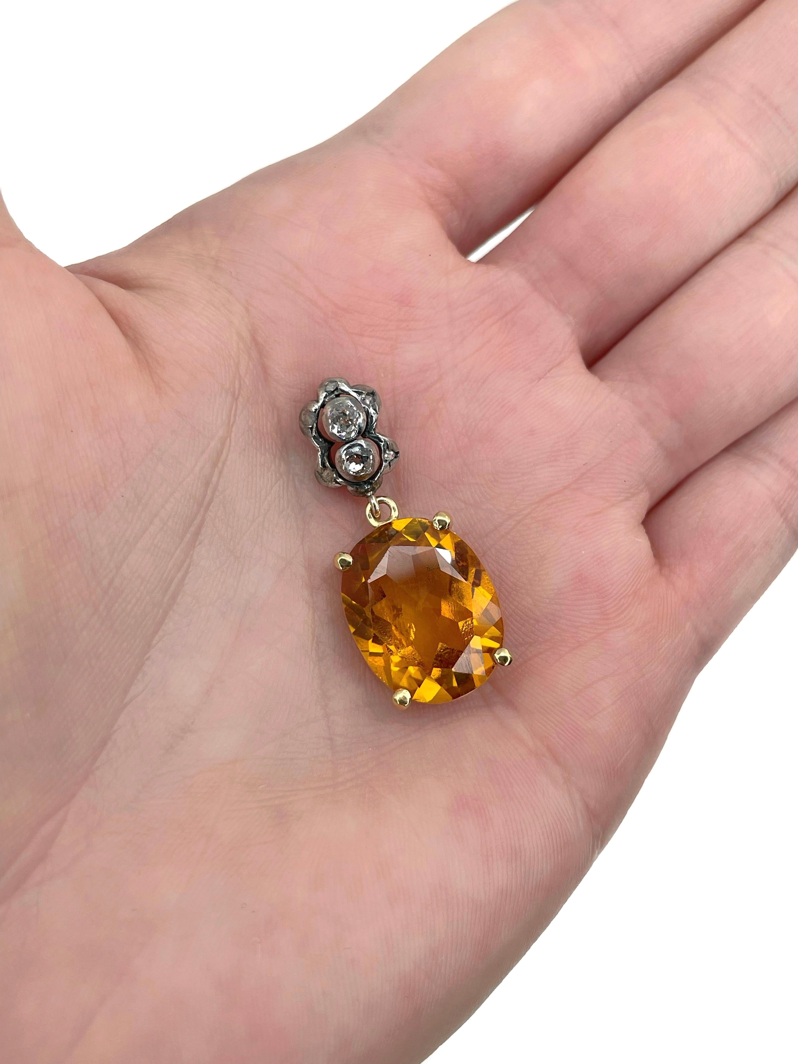 Colgante Victoriano de Oro Corindón de 14 Kilates con Gota de Diamantes de 0,40 Quilates Corte mixto en venta
