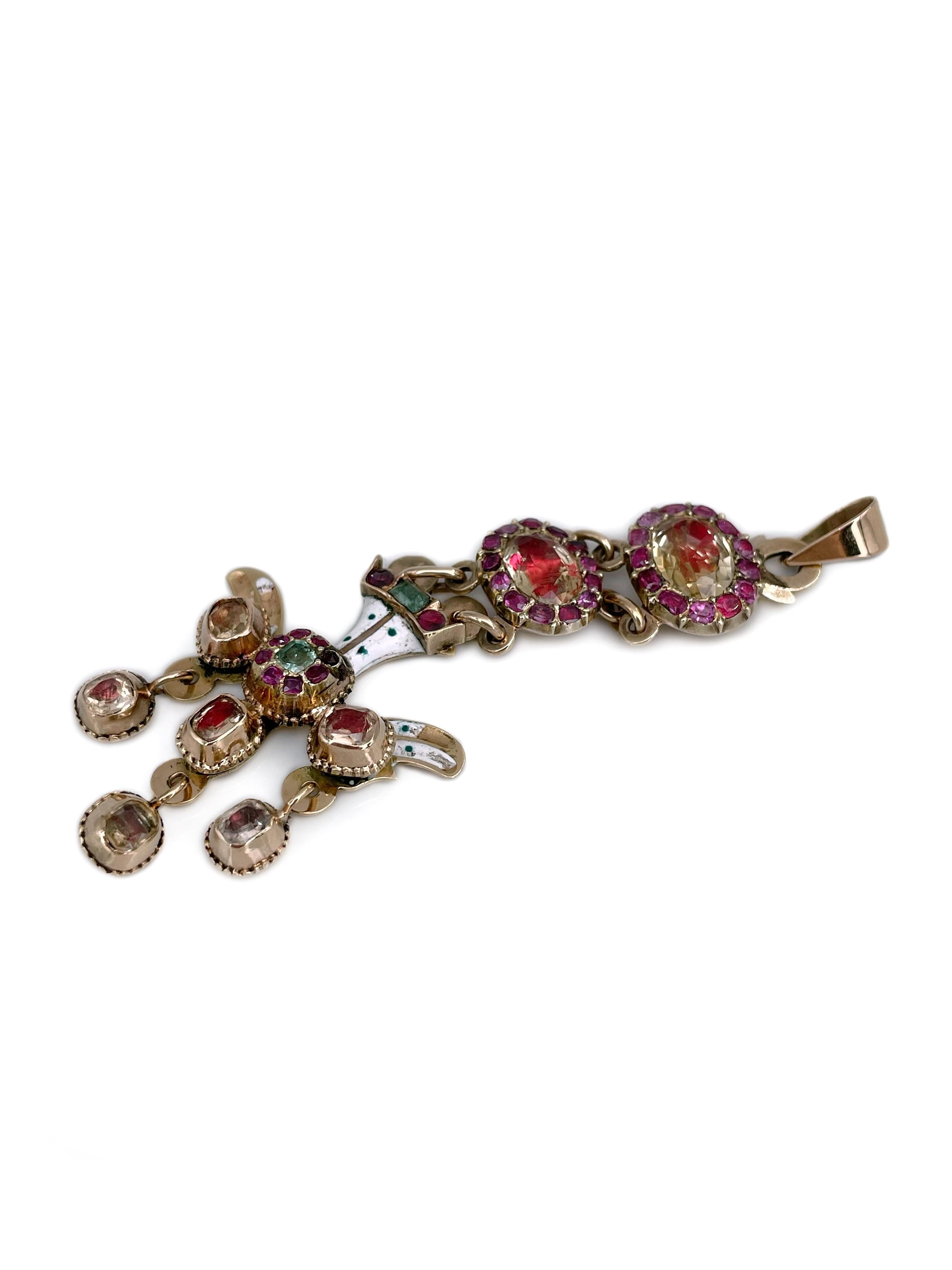 Mixed Cut Victorian 18 Karat Gold Citrine Ruby Enamel Saint Esprit Pendant For Sale