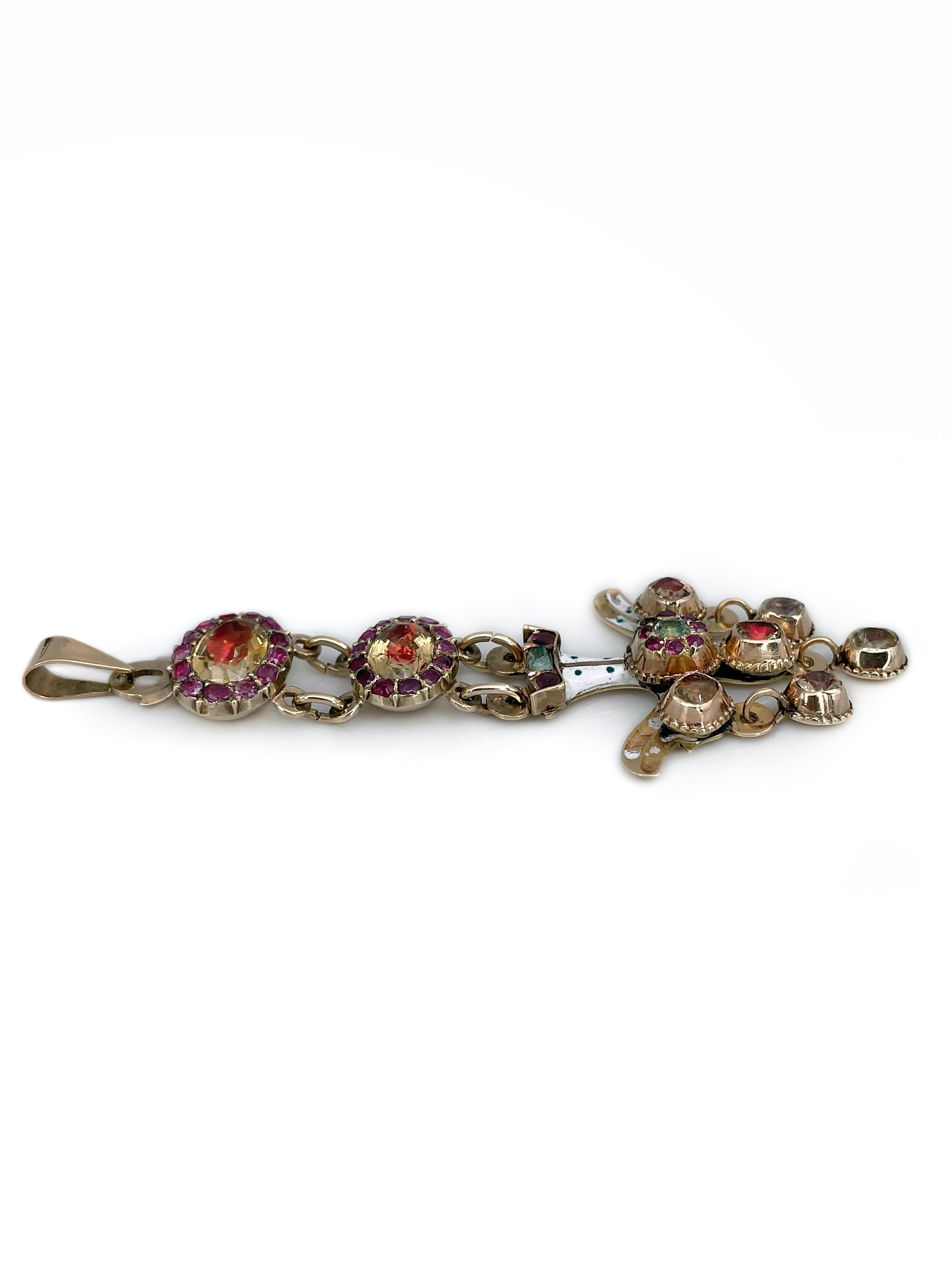 Victorian 18 Karat Gold Citrine Ruby Enamel Saint Esprit Pendant In Good Condition For Sale In Vilnius, Vilniaus apskr.