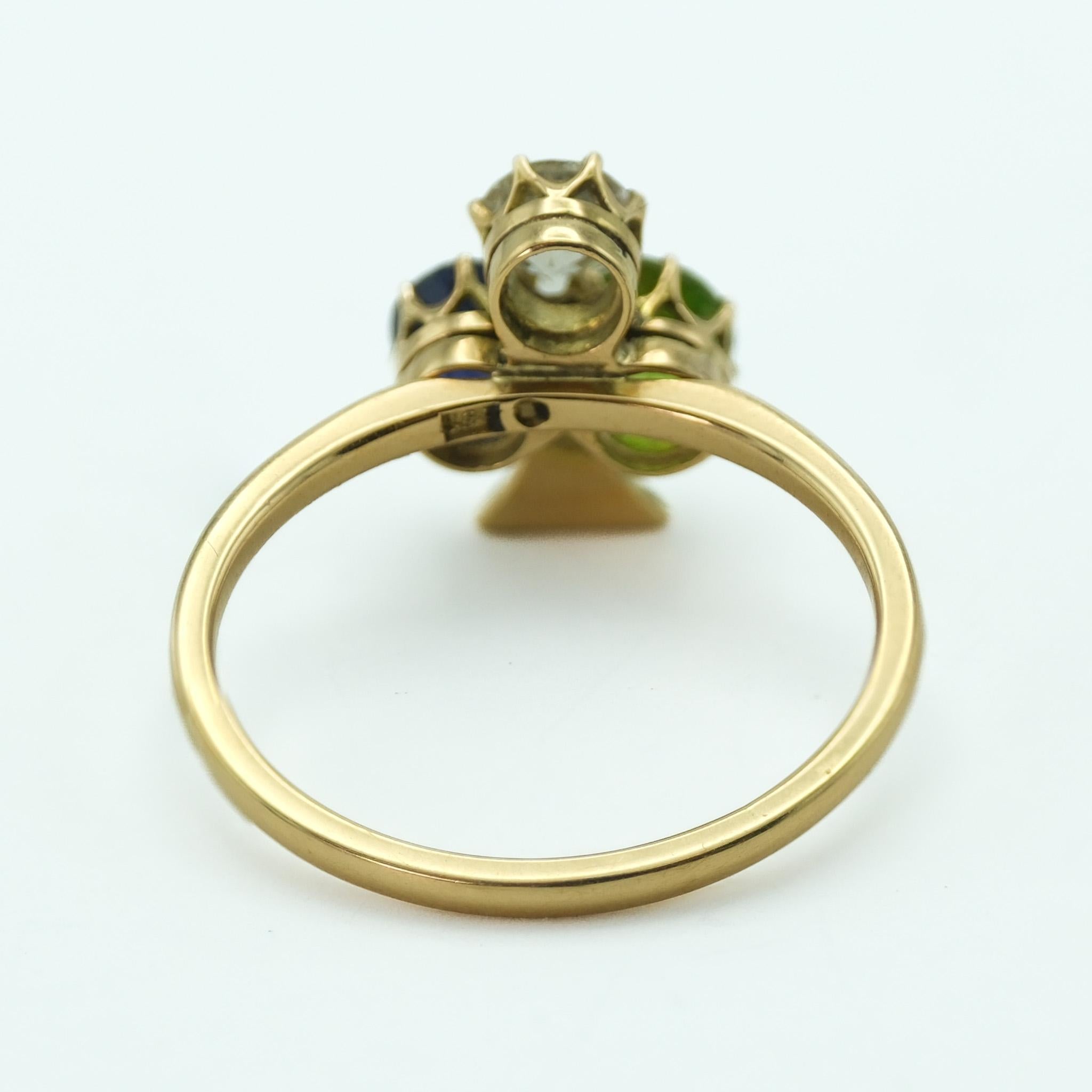 Old European Cut Victorian 18 Karat Gold Clover Ring Demantoid Garnet, Sapphire, European Diamond For Sale