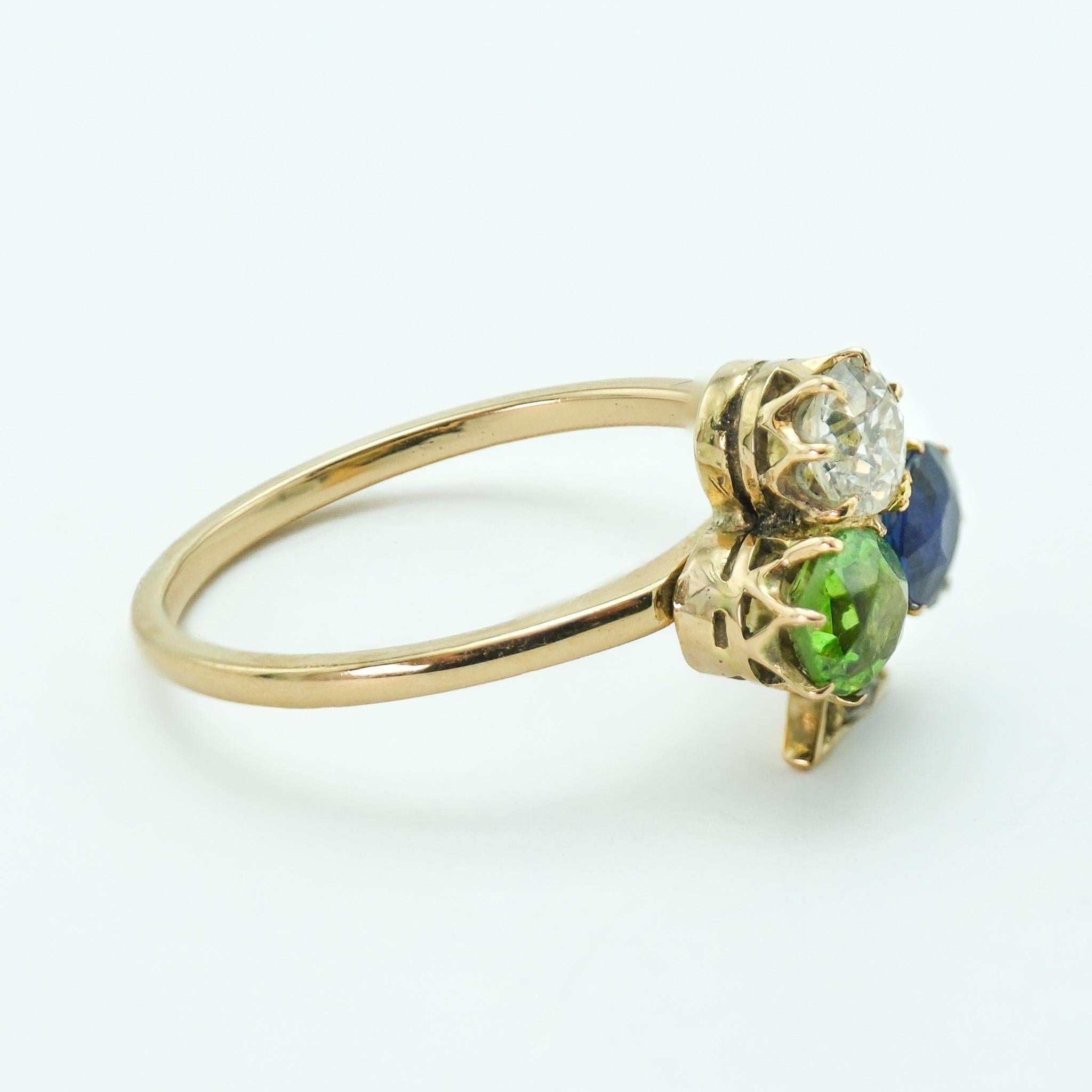 Victorian 18 Karat Gold Clover Ring Demantoid Garnet, Sapphire, European Diamond In Good Condition For Sale In Fairfield, CT