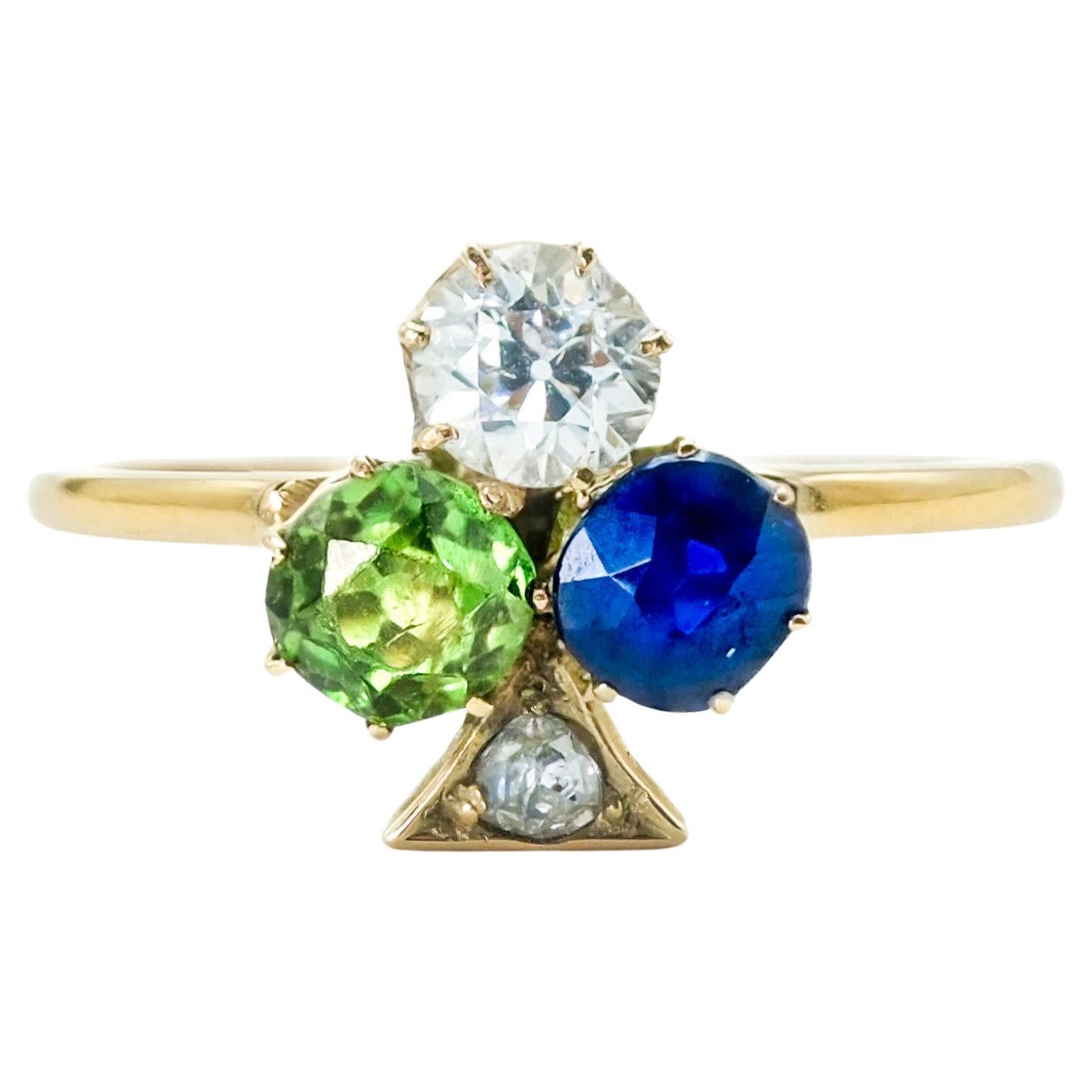 Victorian 18 Karat Gold Clover Ring Demantoid Garnet, Sapphire, European Diamond For Sale